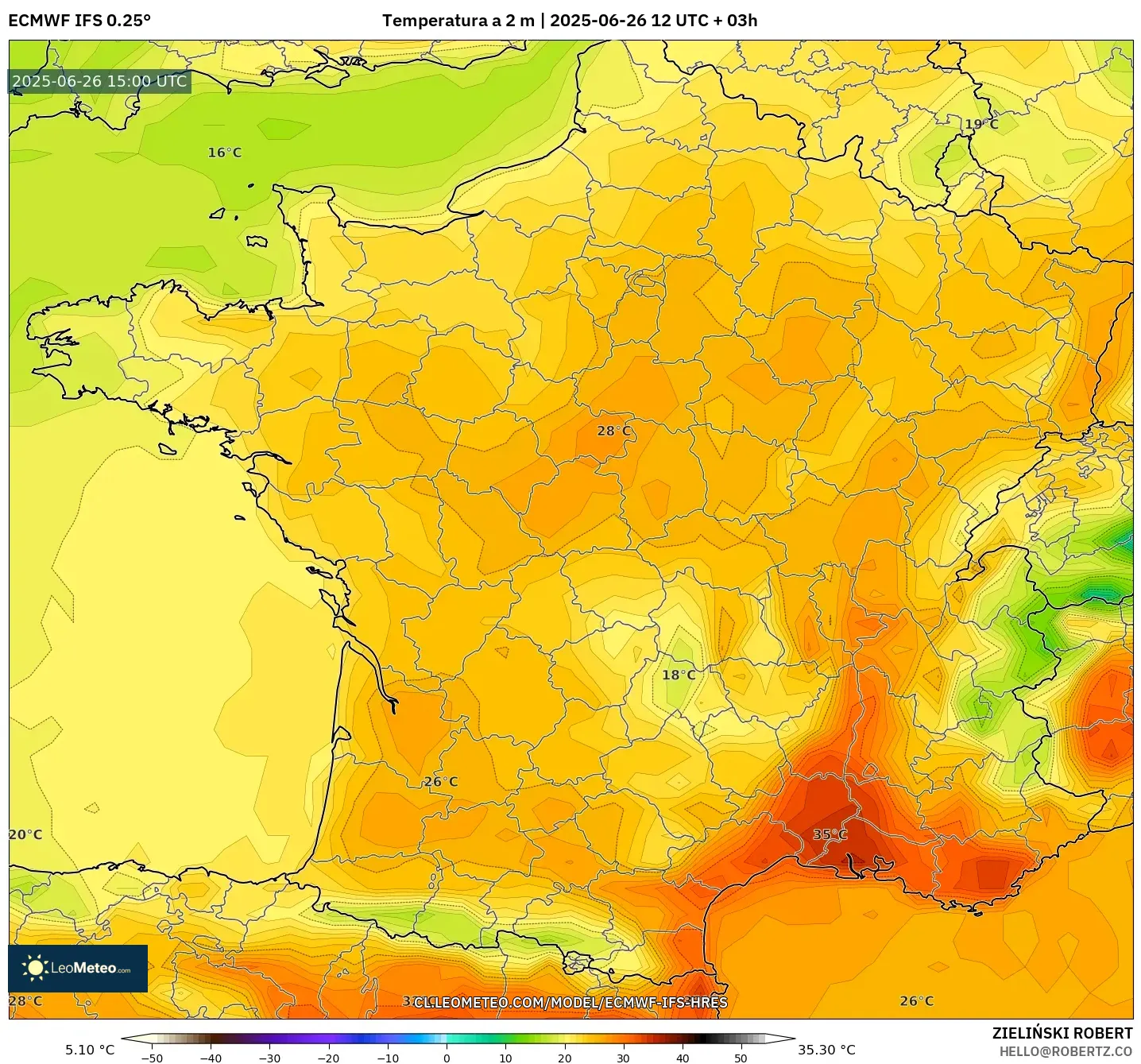 ECMWF IFS 0.25° model - Francia, Temperatura a 2 m ECMWF IFS 0.25° model - Francia, Temperatura a 2 m