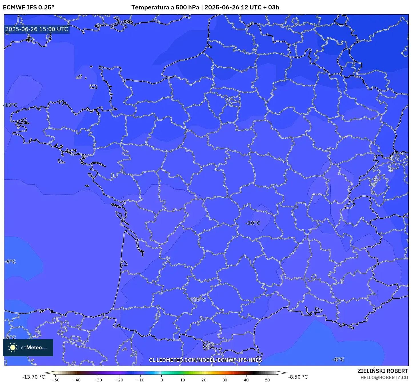 ECMWF IFS 0.25° model - Francia, Temperatura a 500 hPa ECMWF IFS 0.25° model - Francia, Temperatura a 500 hPa