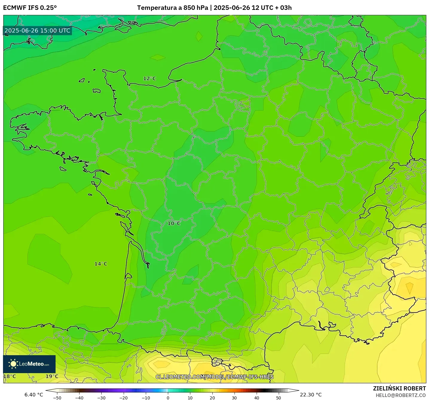 ECMWF IFS 0.25° model - Francia, Temperatura a 850 hPa ECMWF IFS 0.25° model - Francia, Temperatura a 850 hPa