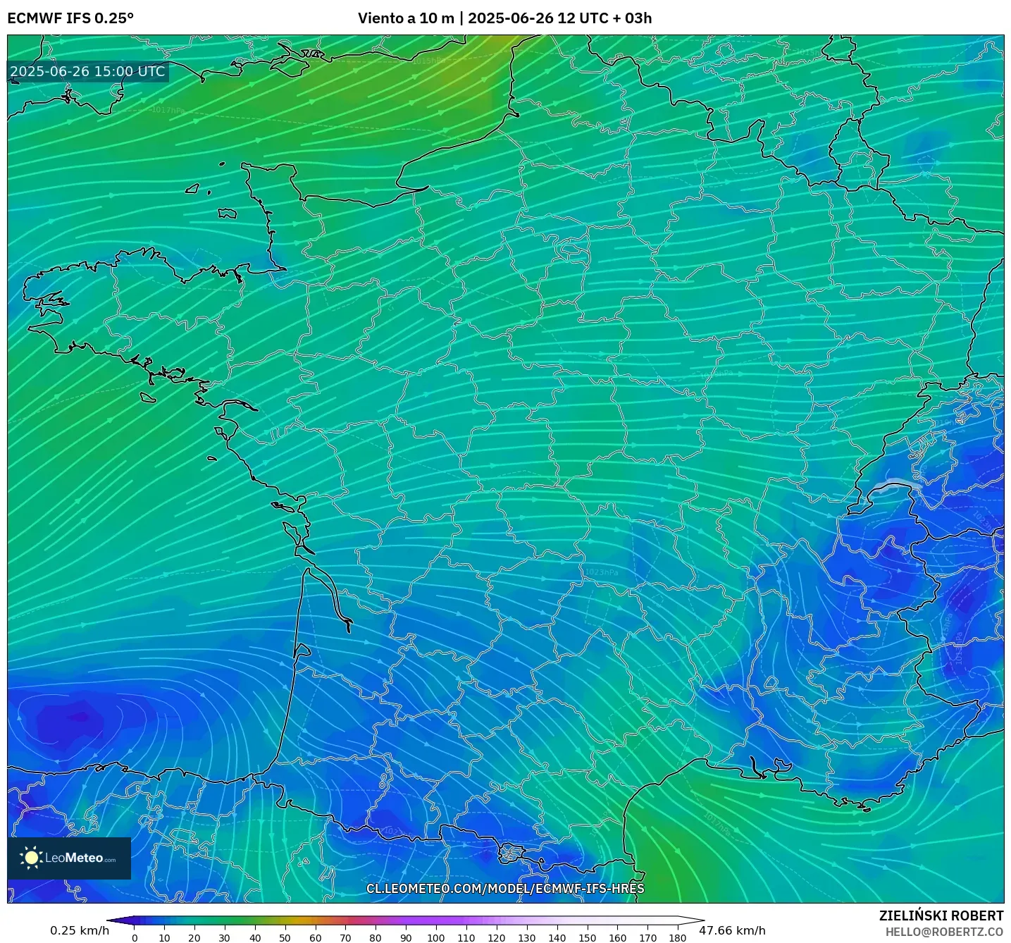 ECMWF IFS 0.25° model - Francia, Viento a 10 m ECMWF IFS 0.25° model - Francia, Viento a 10 m