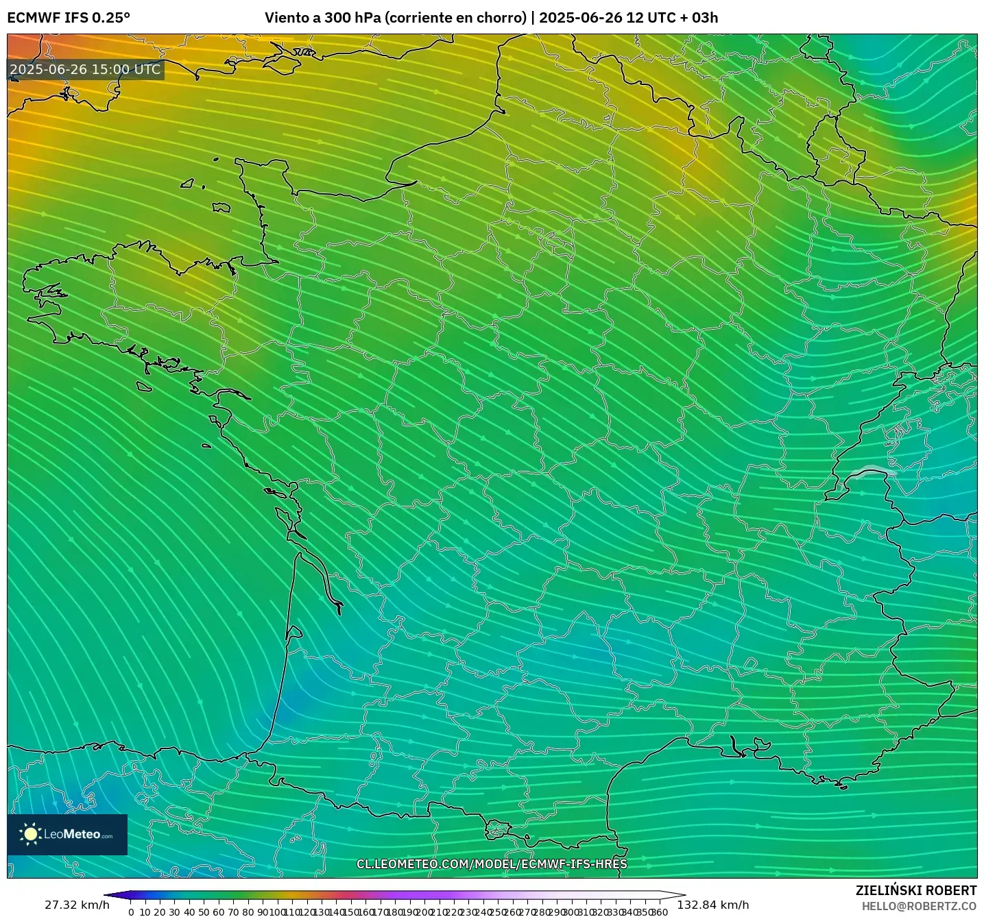 ECMWF IFS 0.25° model - Francia, Viento a 300 hPa (corriente en chorro) ECMWF IFS 0.25° model - Francia, Viento a 300 hPa (corriente en chorro)