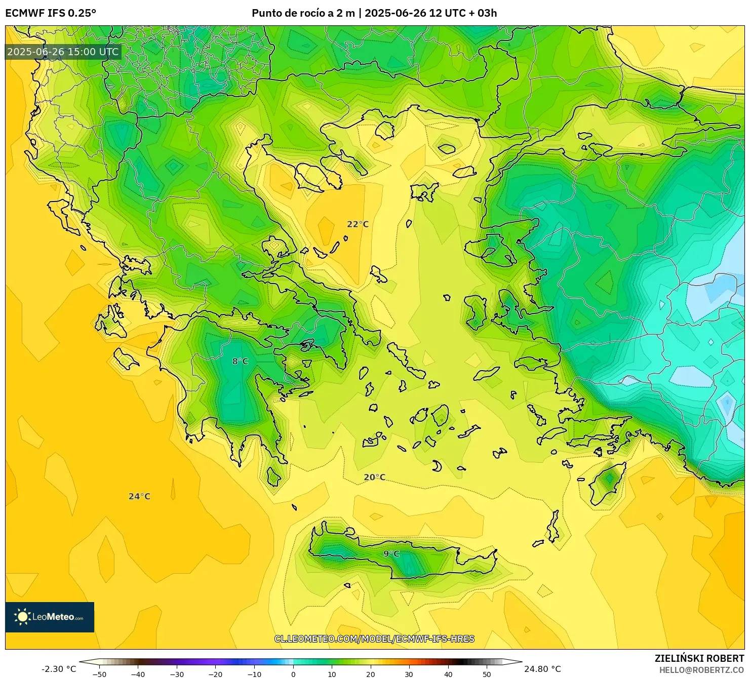 ECMWF IFS 0.25° model - Grecia, Punto de rocío a 2 m ECMWF IFS 0.25° model - Grecia, Punto de rocío a 2 m