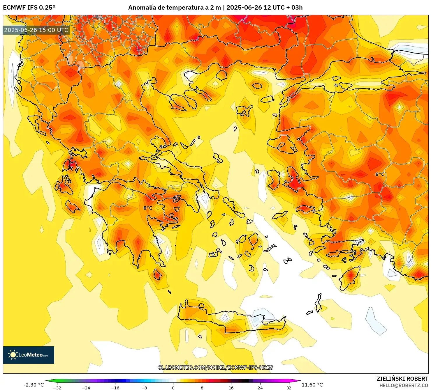 ECMWF IFS 0.25° model - Grecia, Anomalía de temperatura a 2 m ECMWF IFS 0.25° model - Grecia, Anomalía de temperatura a 2 m