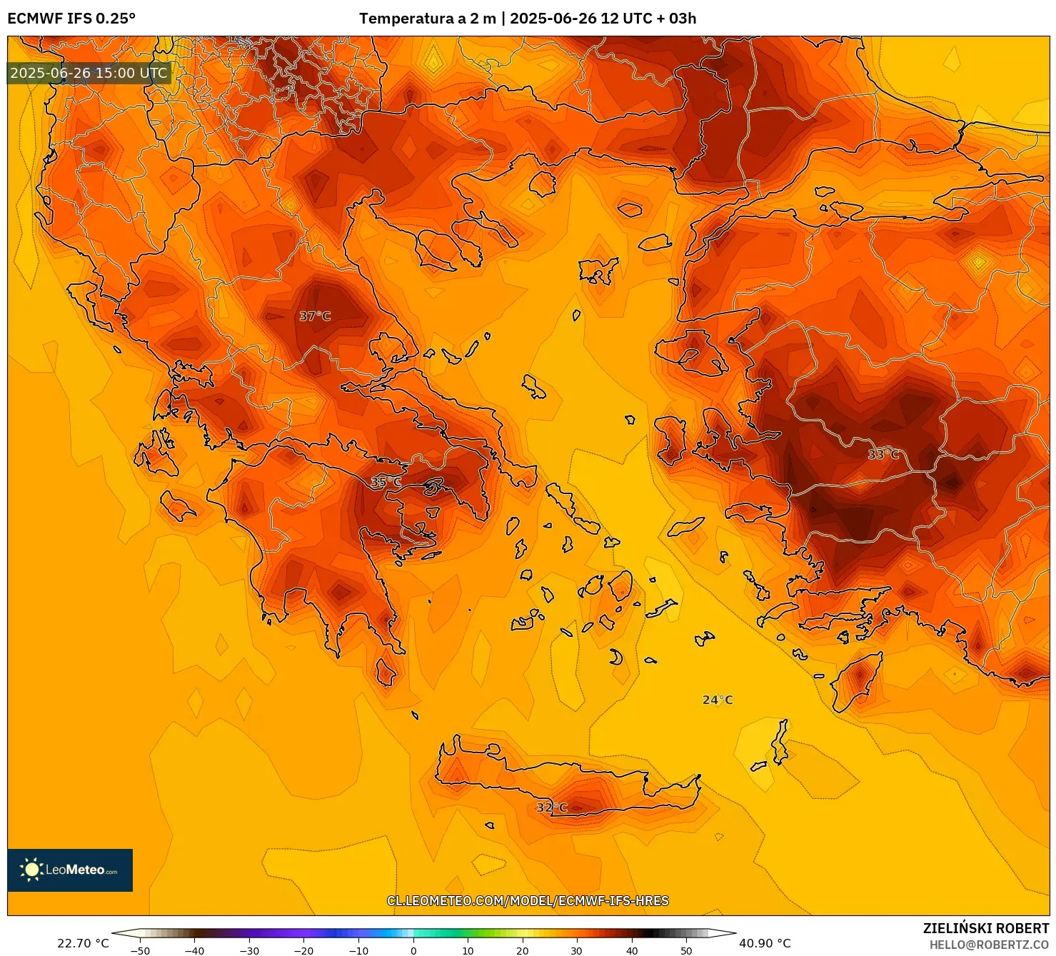 ECMWF IFS 0.25° model - Grecia, Temperatura a 2 m ECMWF IFS 0.25° model - Grecia, Temperatura a 2 m