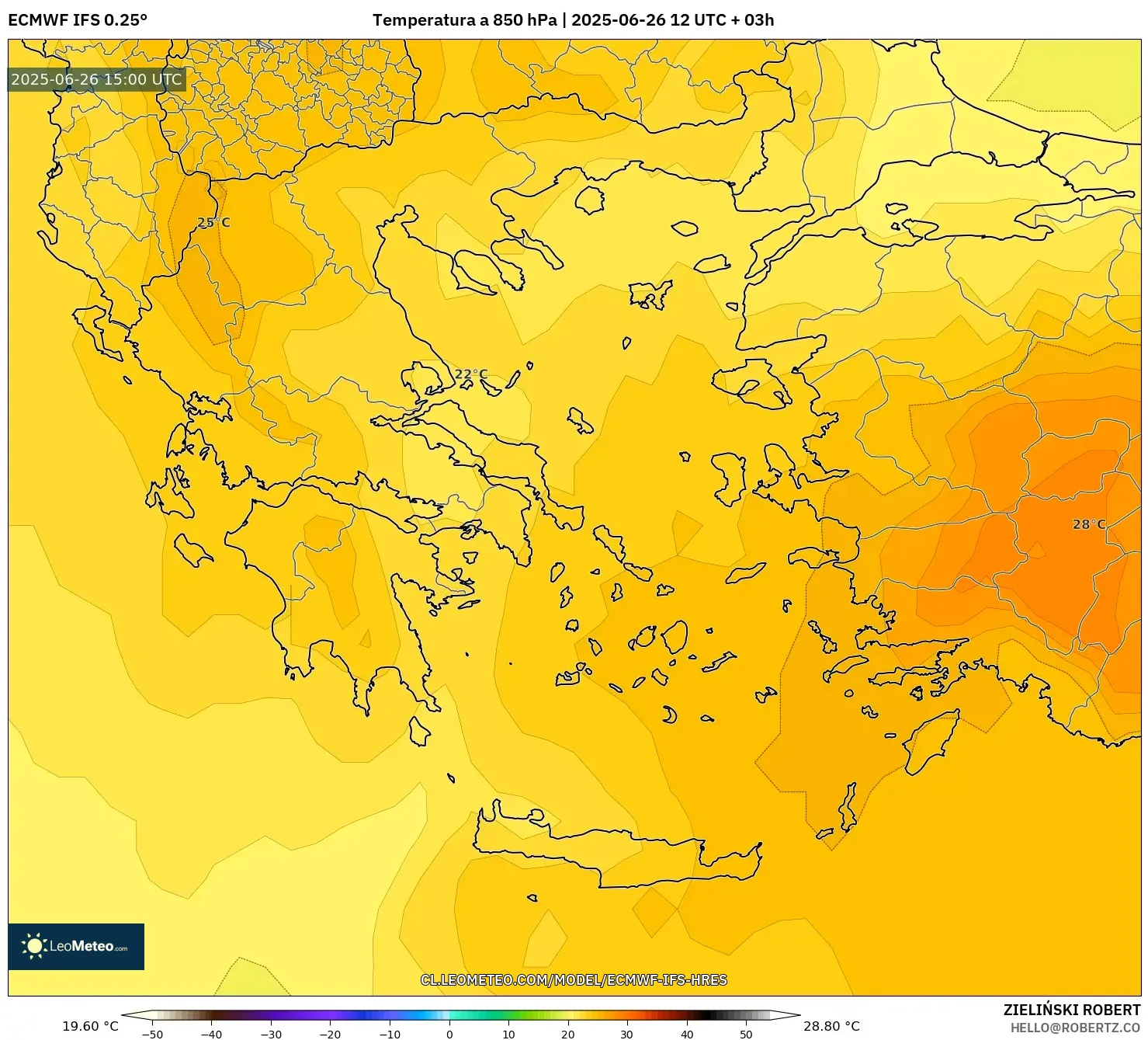 ECMWF IFS 0.25° model - Grecia, Temperatura a 850 hPa ECMWF IFS 0.25° model - Grecia, Temperatura a 850 hPa