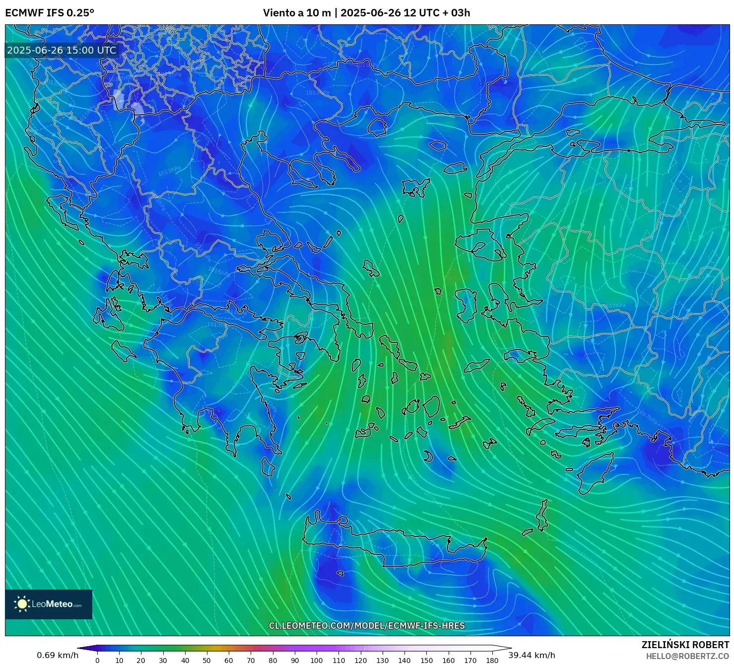 ECMWF IFS 0.25° model - Grecia, Viento a 10 m ECMWF IFS 0.25° model - Grecia, Viento a 10 m