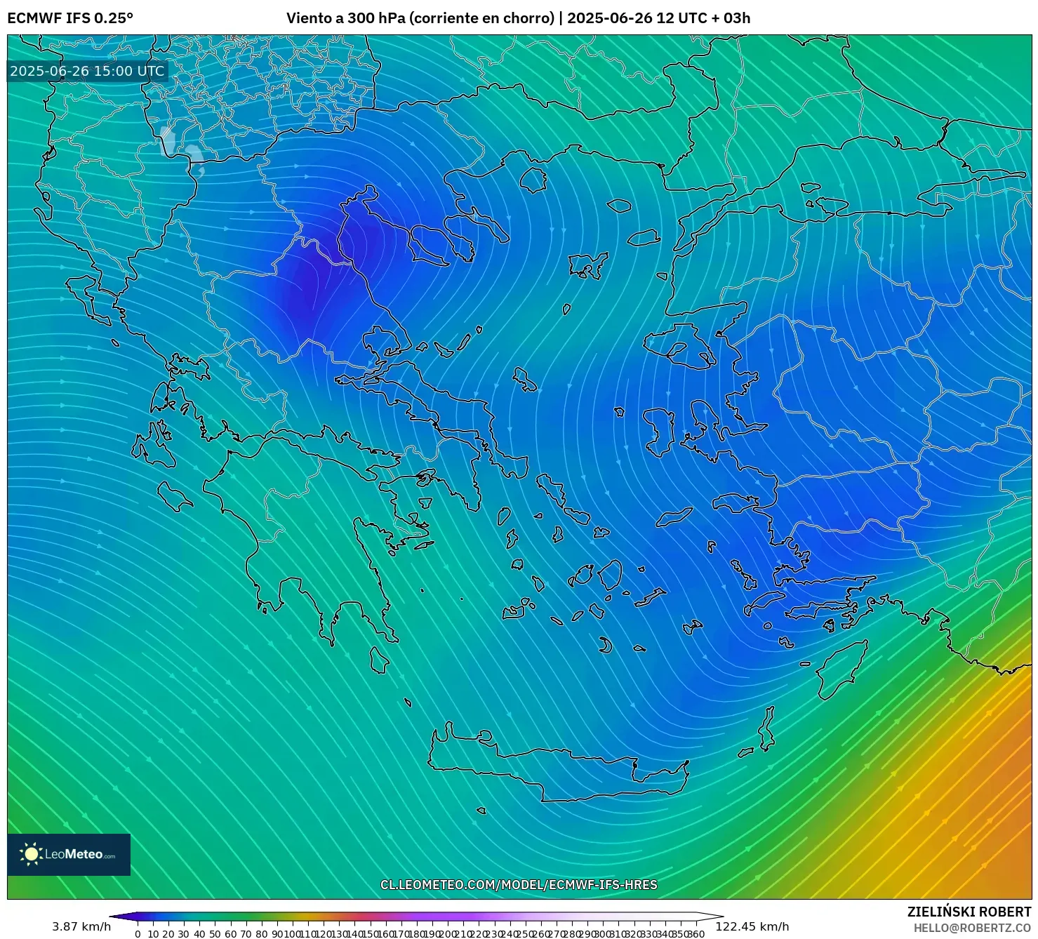 ECMWF IFS 0.25° model - Grecia, Viento a 300 hPa (corriente en chorro) ECMWF IFS 0.25° model - Grecia, Viento a 300 hPa (corriente en chorro)