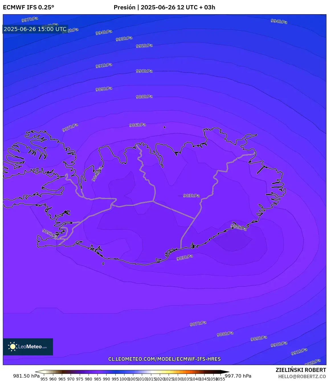 ECMWF IFS 0.25° model - Islandia, Presión