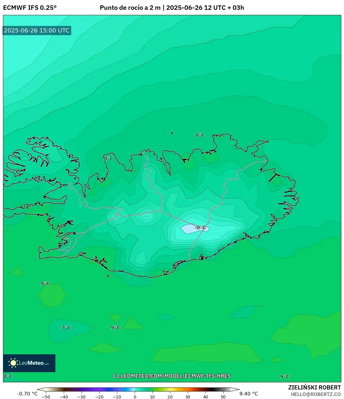 ECMWF IFS 0.25° model - Islandia, Punto de rocío a 2 m