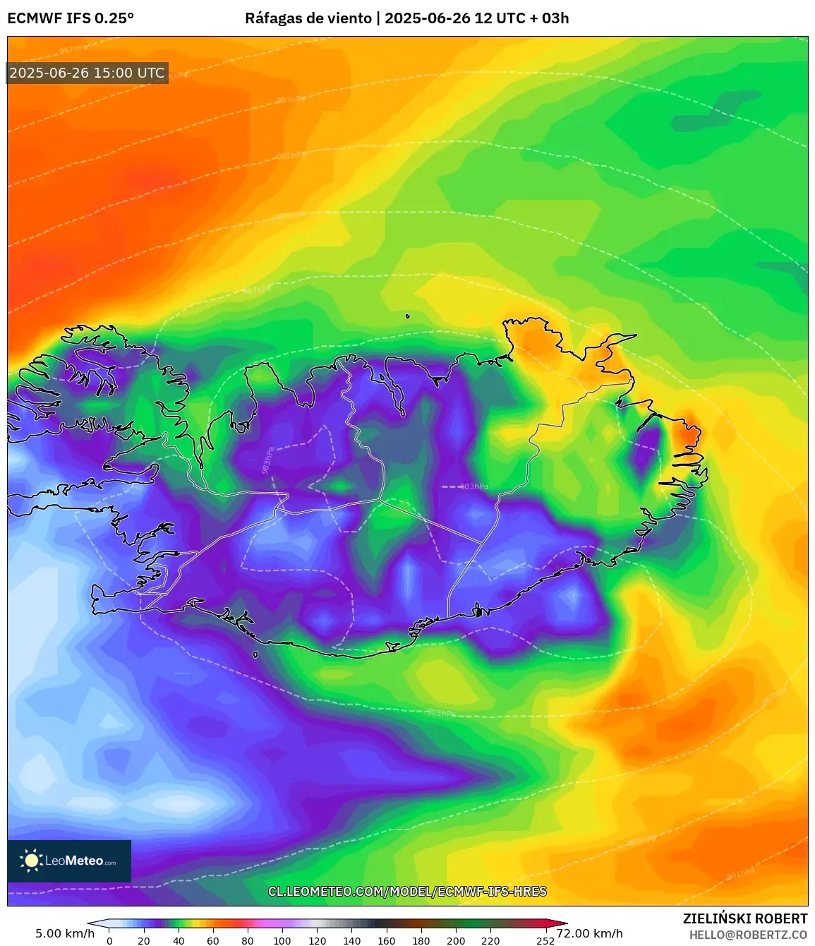 ECMWF IFS 0.25° model - Islandia, Ráfagas de viento ECMWF IFS 0.25° model - Islandia, Ráfagas de viento