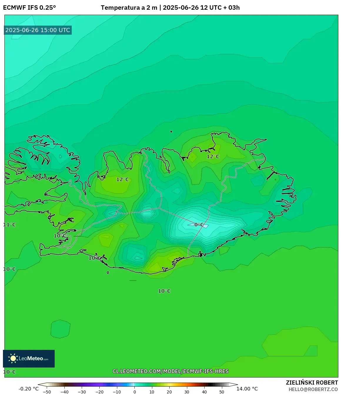 ECMWF IFS 0.25° model - Islandia, Temperatura a 2 m ECMWF IFS 0.25° model - Islandia, Temperatura a 2 m