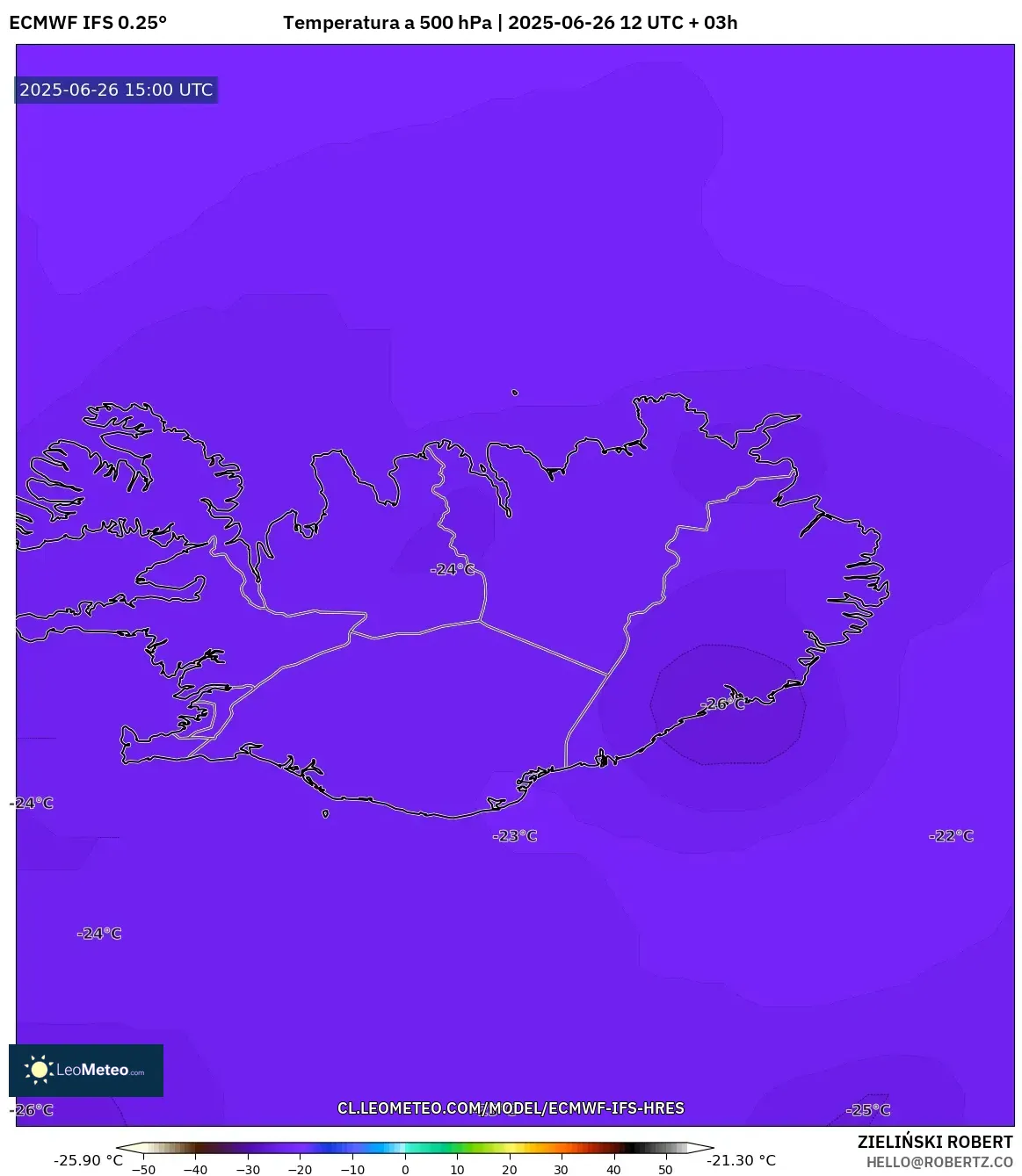 ECMWF IFS 0.25° model - Islandia, Temperatura a 500 hPa ECMWF IFS 0.25° model - Islandia, Temperatura a 500 hPa