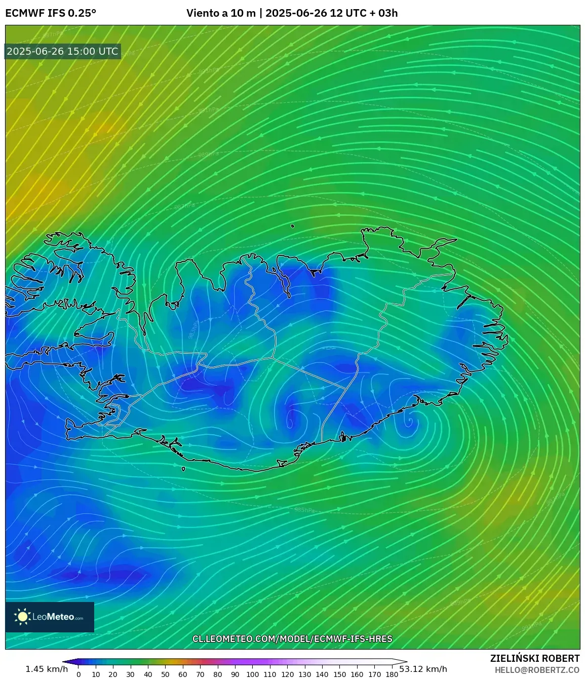 ECMWF IFS 0.25° model - Islandia, Viento a 10 m ECMWF IFS 0.25° model - Islandia, Viento a 10 m