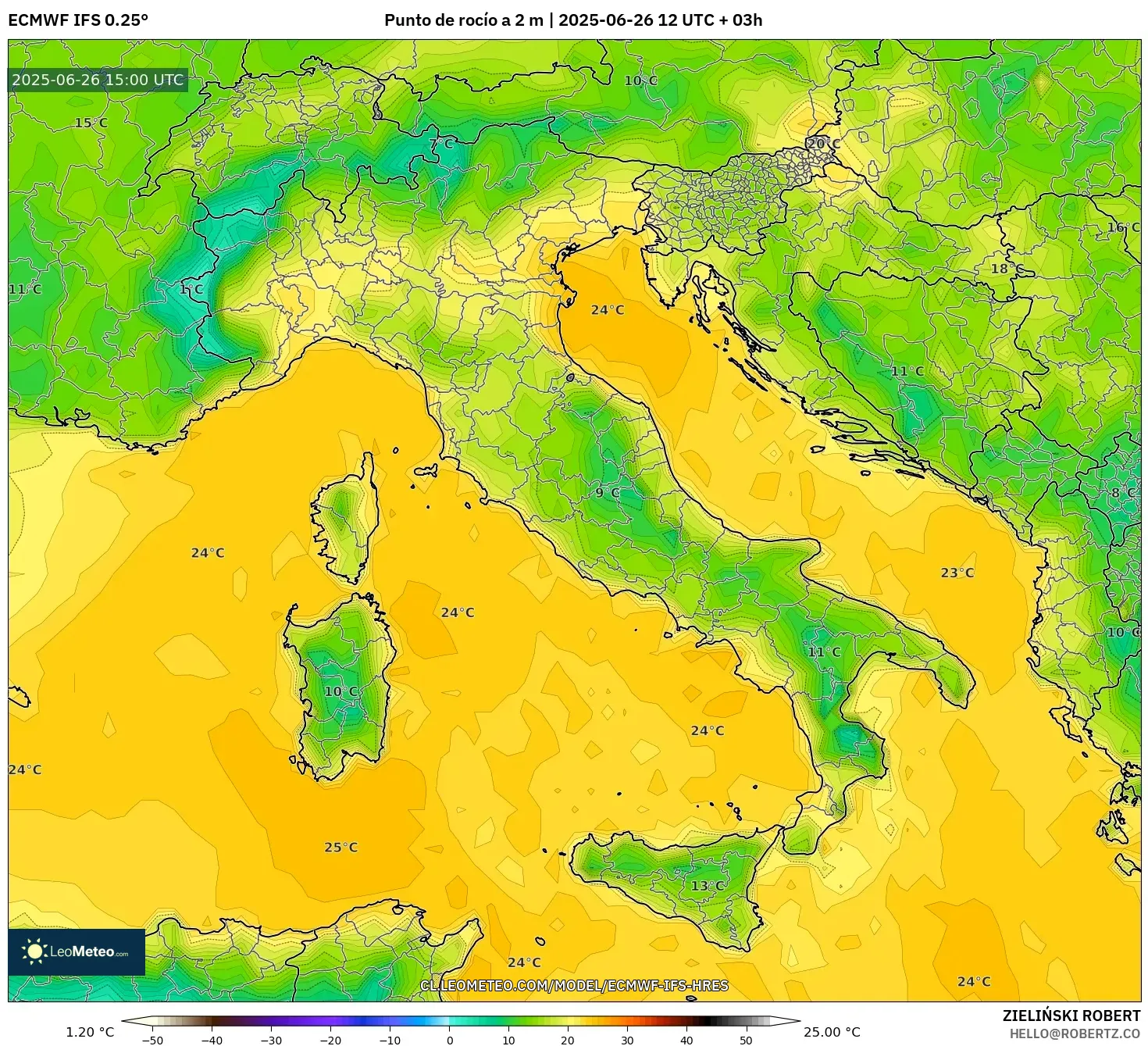 ECMWF IFS 0.25° model - Italia, Punto de rocío a 2 m ECMWF IFS 0.25° model - Italia, Punto de rocío a 2 m
