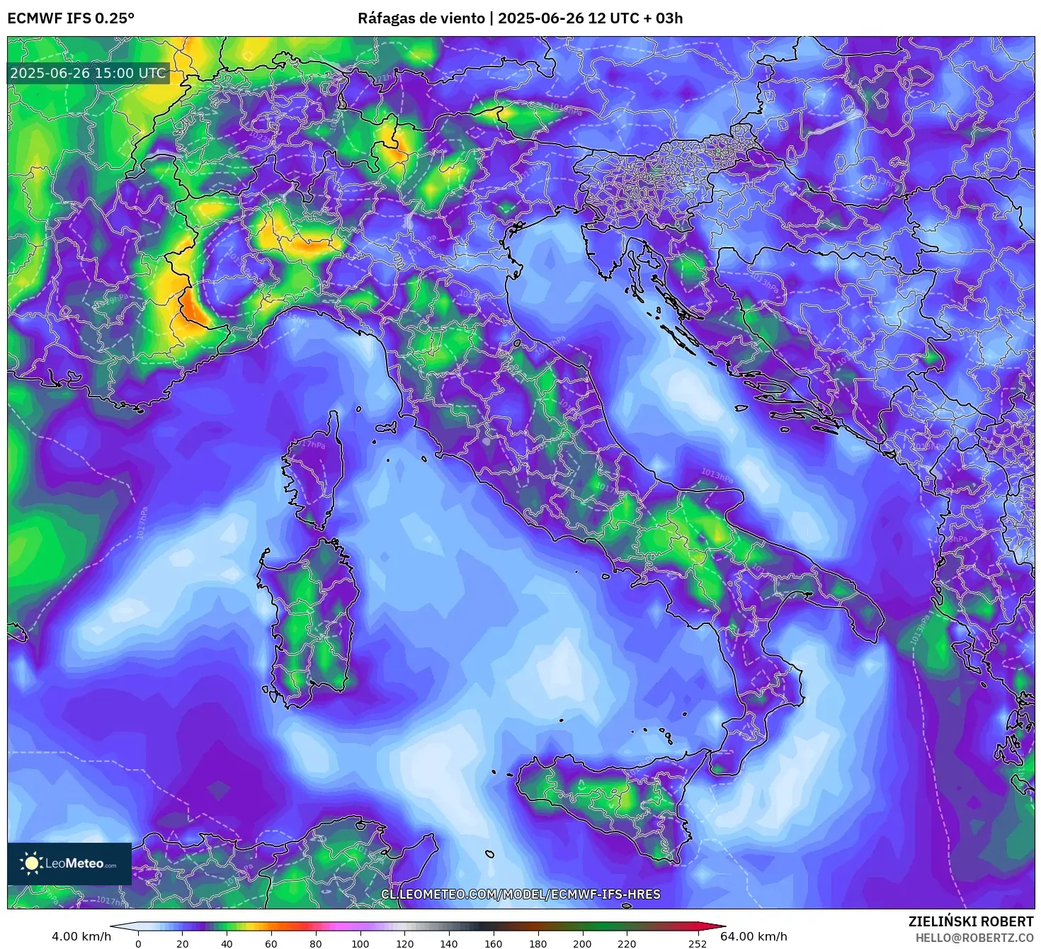 ECMWF IFS 0.25° model - Italia, Ráfagas de viento ECMWF IFS 0.25° model - Italia, Ráfagas de viento