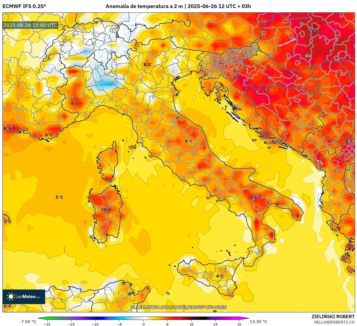 ECMWF IFS 0.25° model - Italia, Anomalía de temperatura a 2 m ECMWF IFS 0.25° model - Italia, Anomalía de temperatura a 2 m