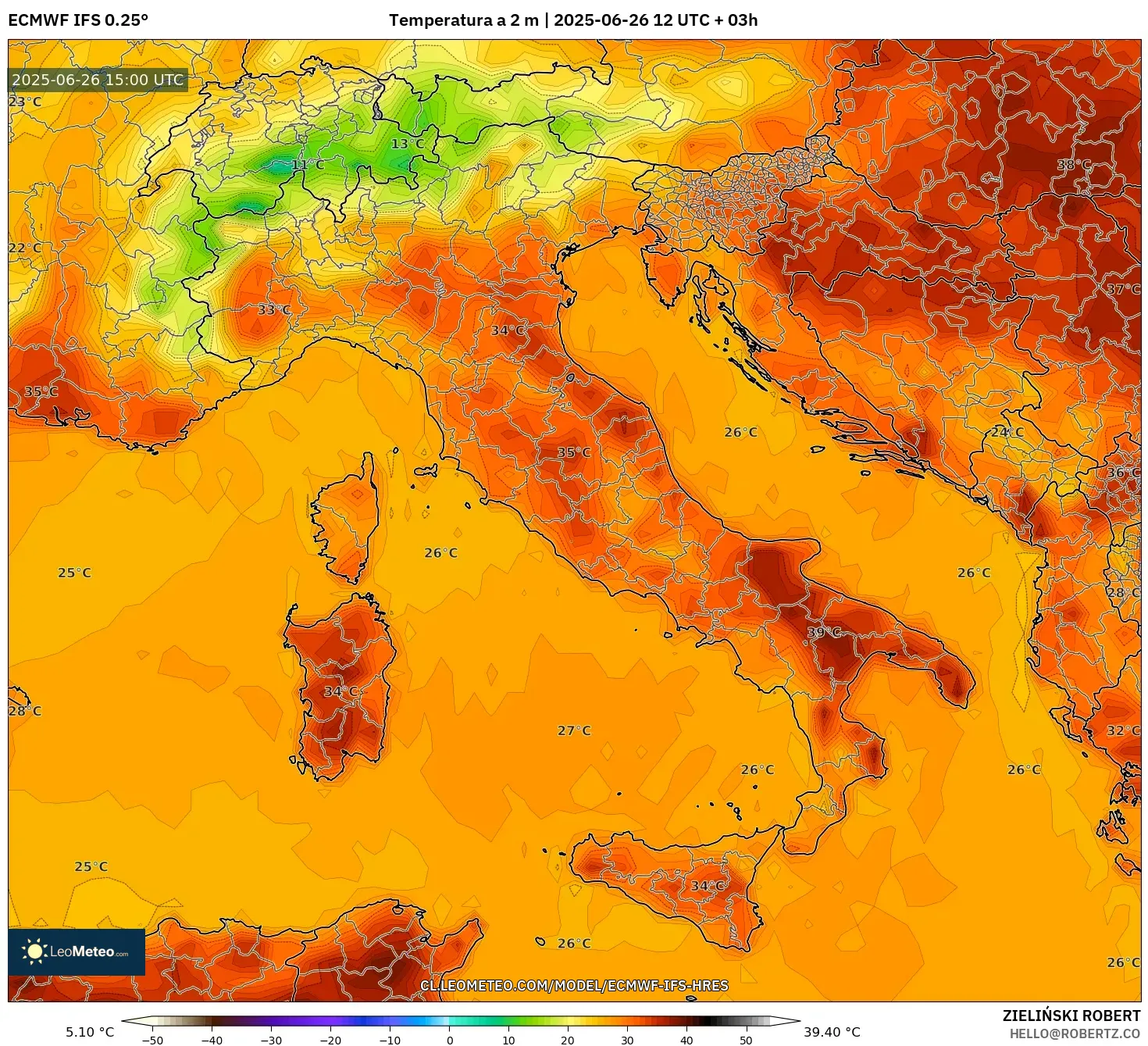 ECMWF IFS 0.25° model - Italia, Temperatura a 2 m ECMWF IFS 0.25° model - Italia, Temperatura a 2 m