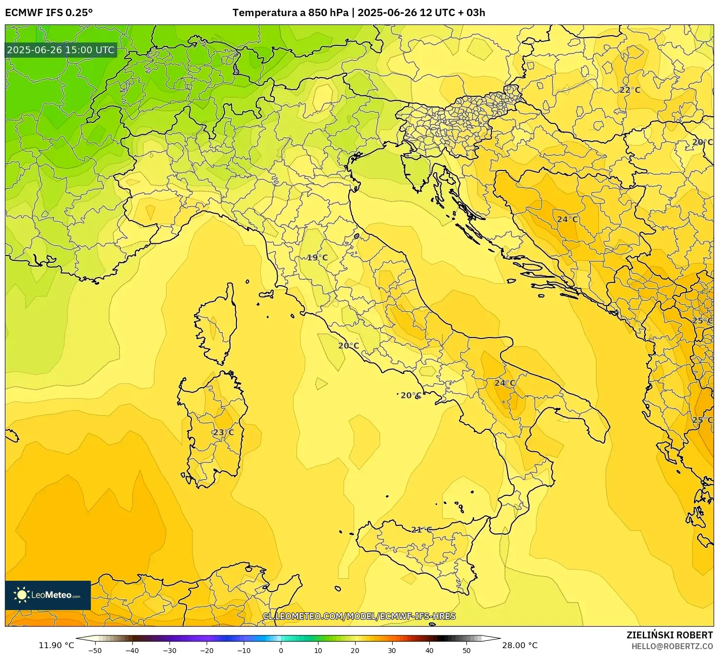ECMWF IFS 0.25° model - Italia, Temperatura a 850 hPa ECMWF IFS 0.25° model - Italia, Temperatura a 850 hPa
