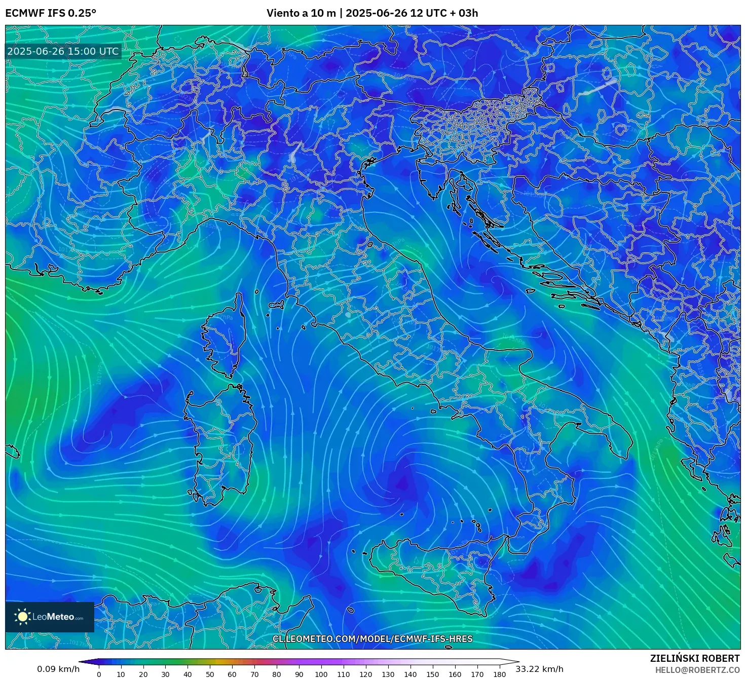 ECMWF IFS 0.25° model - Italia, Viento a 10 m ECMWF IFS 0.25° model - Italia, Viento a 10 m