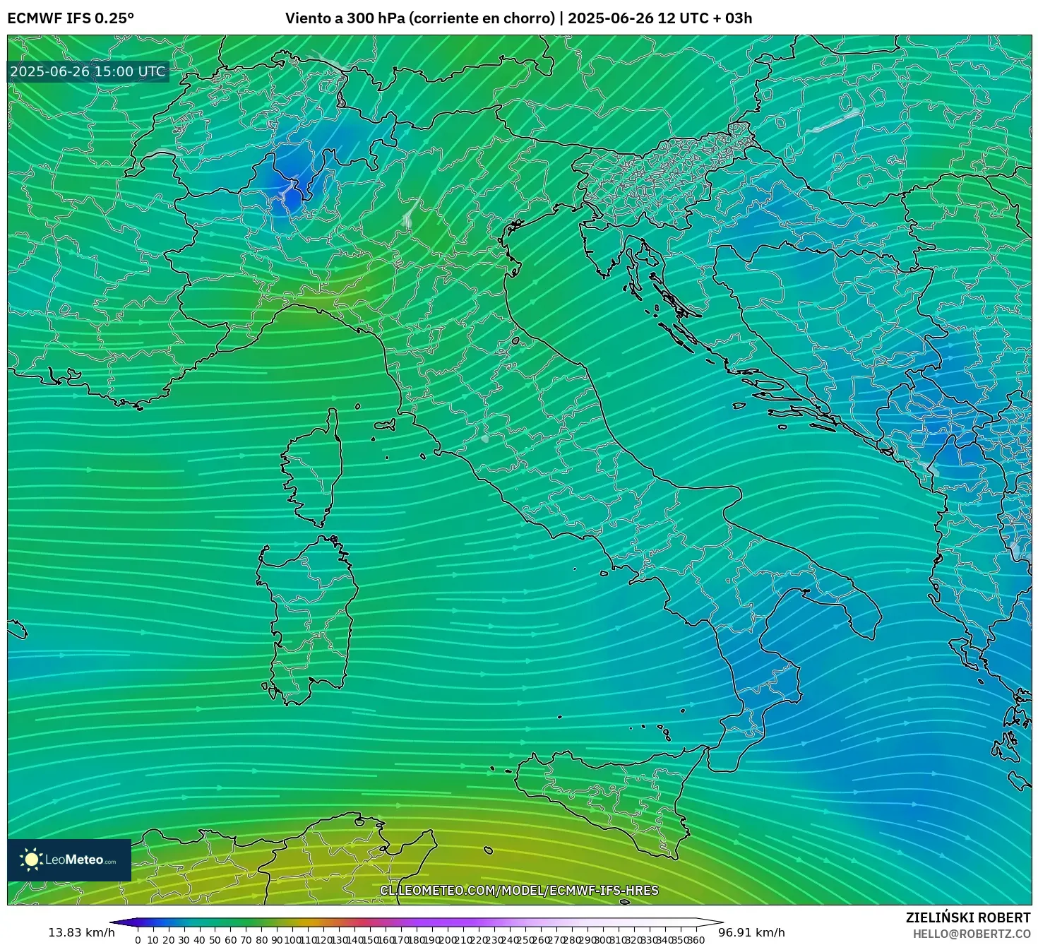 ECMWF IFS 0.25° model - Italia, Viento a 300 hPa (corriente en chorro) ECMWF IFS 0.25° model - Italia, Viento a 300 hPa (corriente en chorro)
