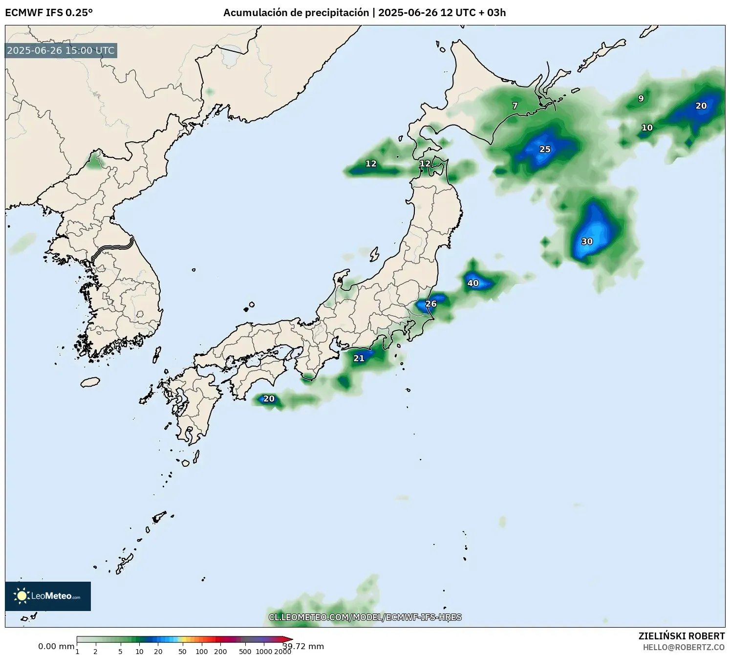 ECMWF IFS 0.25° model - Japón, Acumulación de precipitación ECMWF IFS 0.25° model - Japón, Acumulación de precipitación