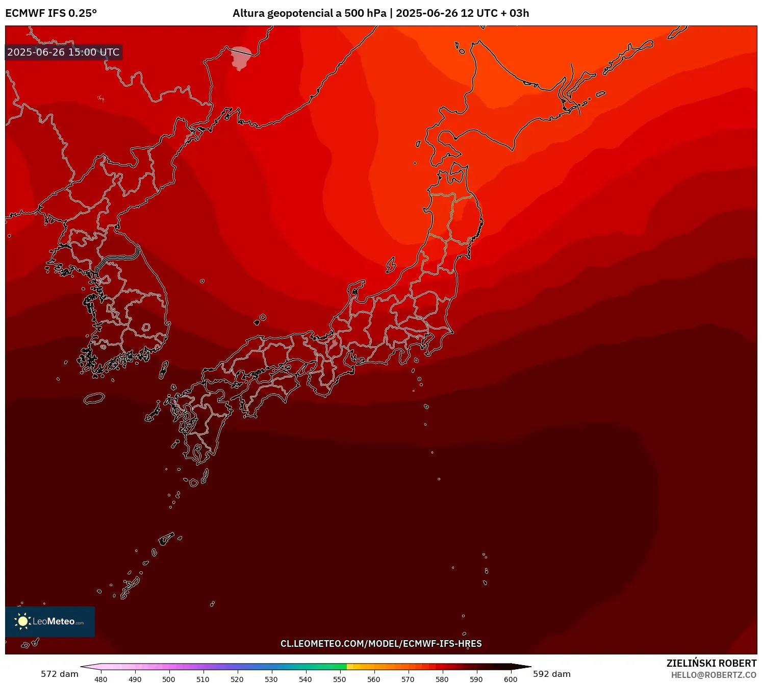 ECMWF IFS 0.25° model - Japón, Altura geopotencial a 500 hPa ECMWF IFS 0.25° model - Japón, Altura geopotencial a 500 hPa
