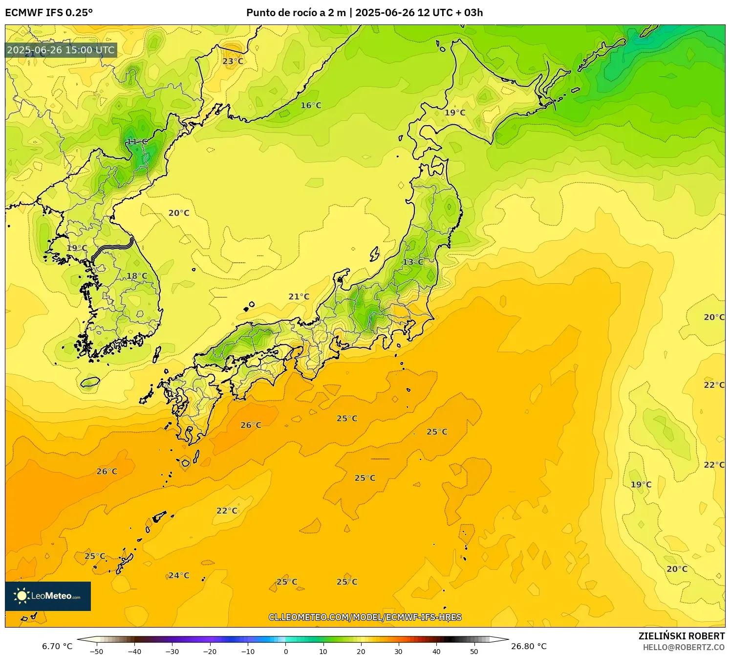 ECMWF IFS 0.25° model - Japón, Punto de rocío a 2 m ECMWF IFS 0.25° model - Japón, Punto de rocío a 2 m