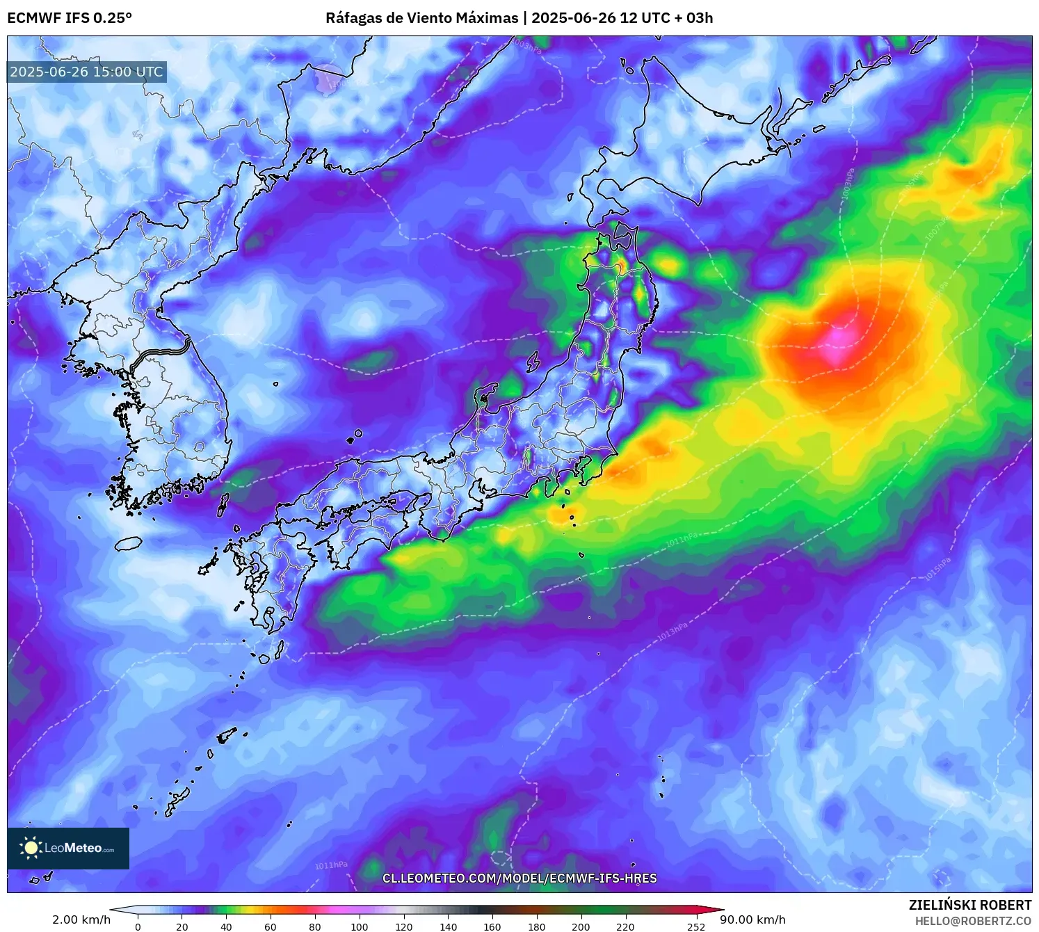 ECMWF IFS 0.25° model - Japón, Ráfagas de Viento Máximas ECMWF IFS 0.25° model - Japón, Ráfagas de Viento Máximas