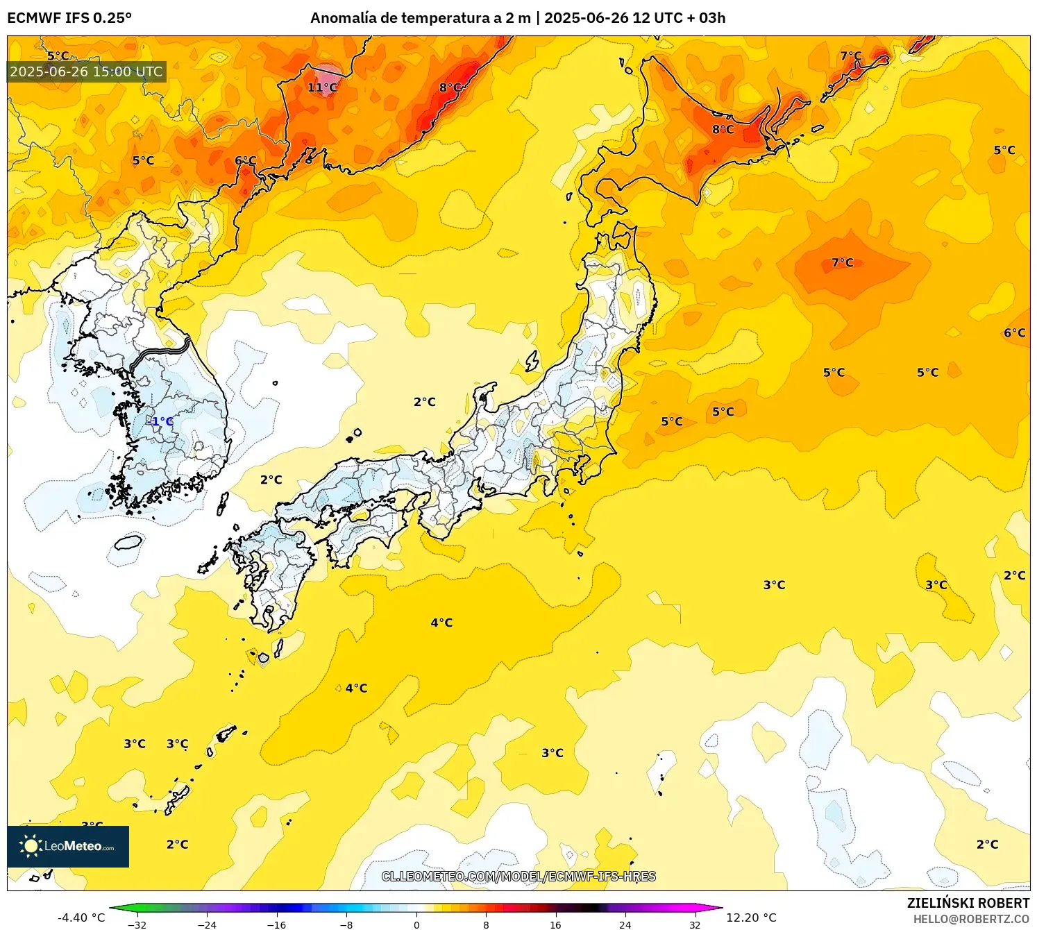 ECMWF IFS 0.25° model - Japón, Anomalía de temperatura a 2 m ECMWF IFS 0.25° model - Japón, Anomalía de temperatura a 2 m