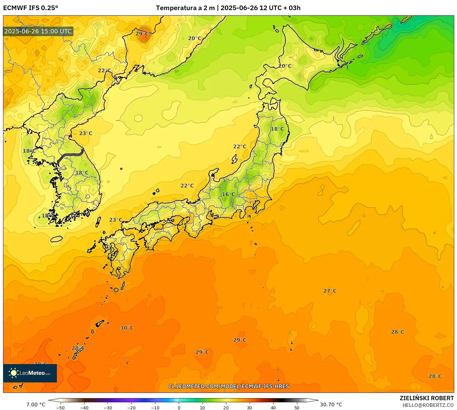 ECMWF IFS 0.25° model - Japón, Temperatura a 2 m ECMWF IFS 0.25° model - Japón, Temperatura a 2 m