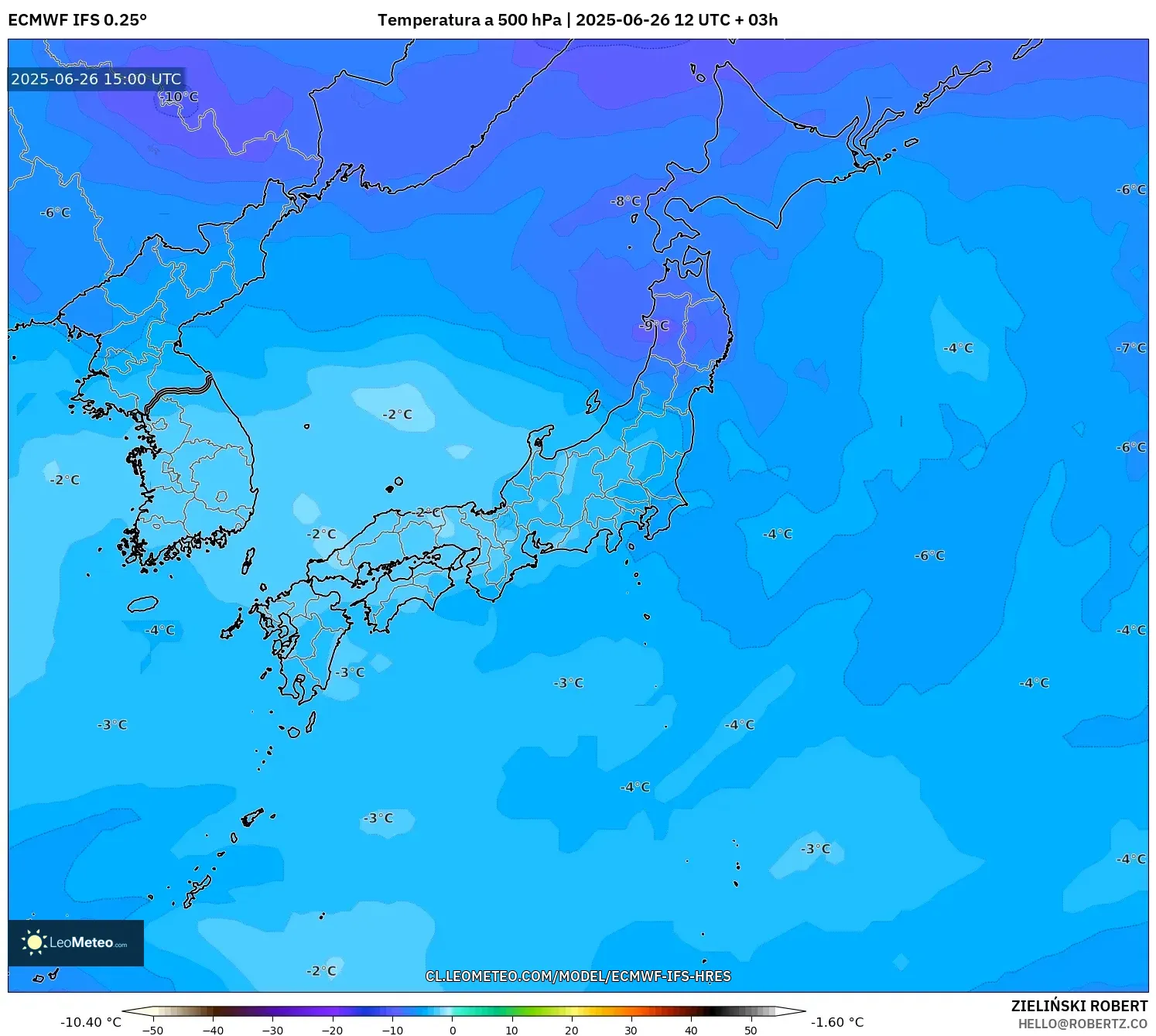 ECMWF IFS 0.25° model - Japón, Temperatura a 500 hPa ECMWF IFS 0.25° model - Japón, Temperatura a 500 hPa
