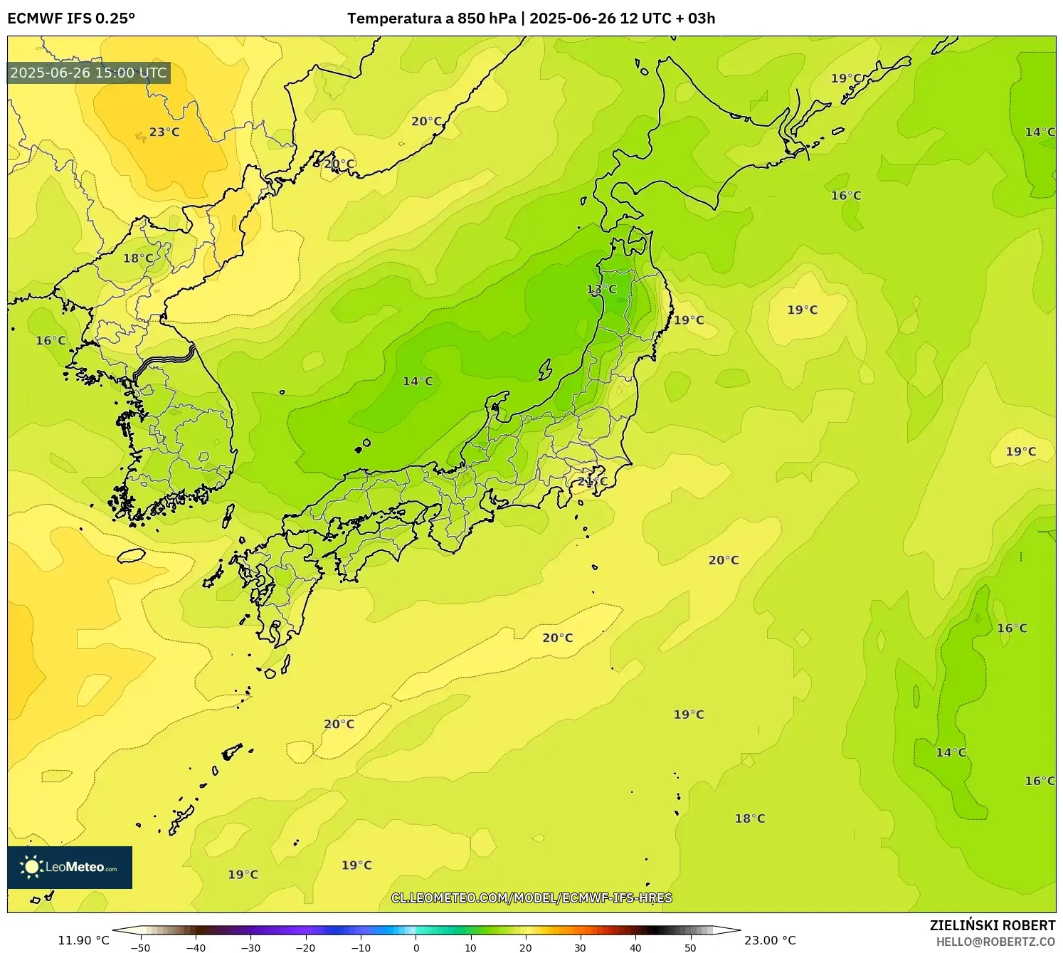 ECMWF IFS 0.25° model - Japón, Temperatura a 850 hPa