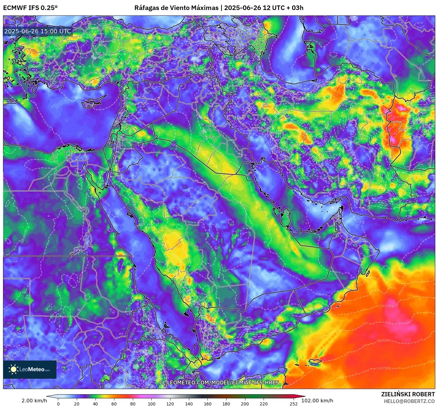 ECMWF IFS 0.25° model - Oriente Medio, Ráfagas de Viento Máximas ECMWF IFS 0.25° model - Oriente Medio, Ráfagas de Viento Máximas