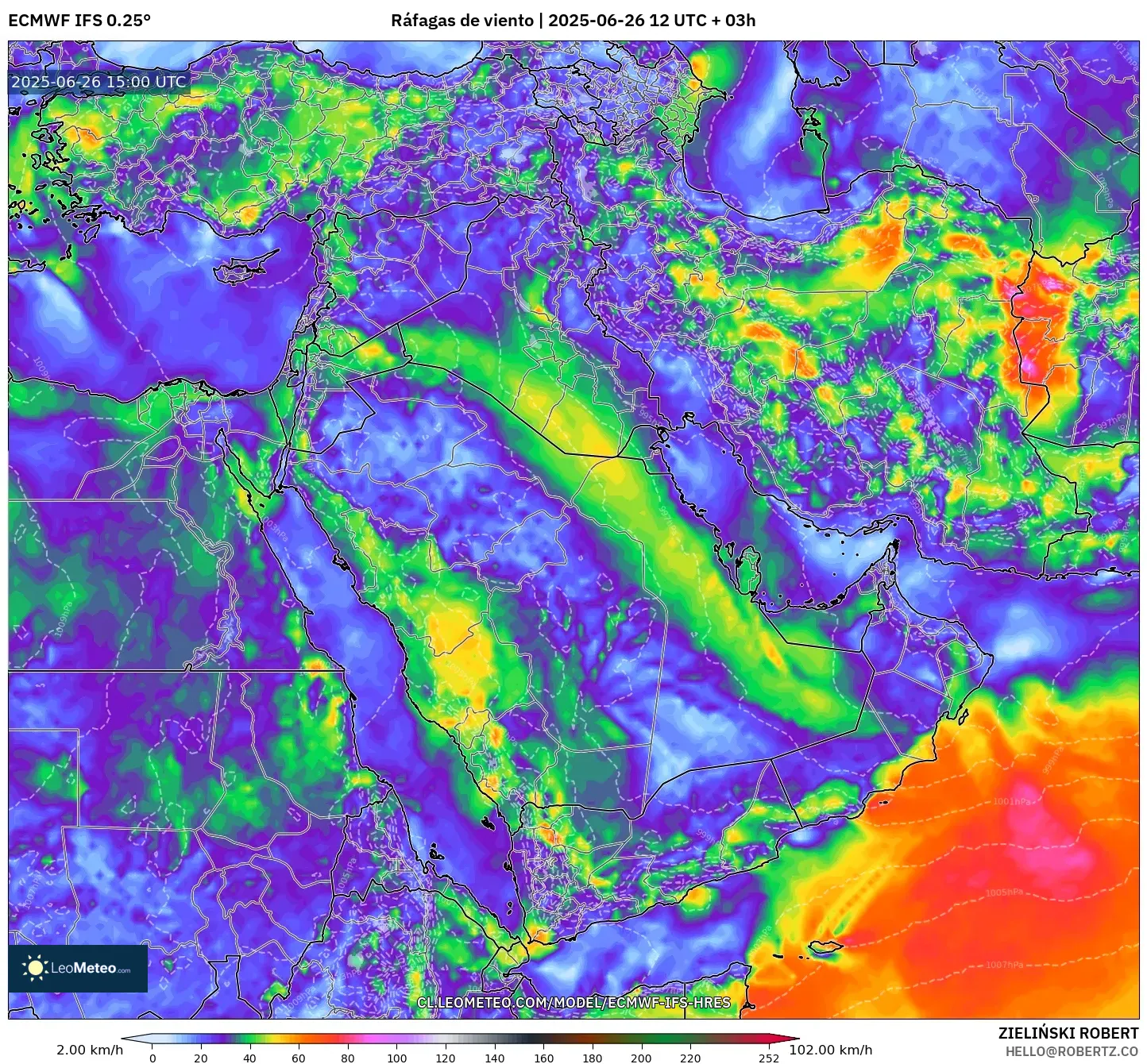 ECMWF IFS 0.25° model - Oriente Medio, Ráfagas de viento ECMWF IFS 0.25° model - Oriente Medio, Ráfagas de viento