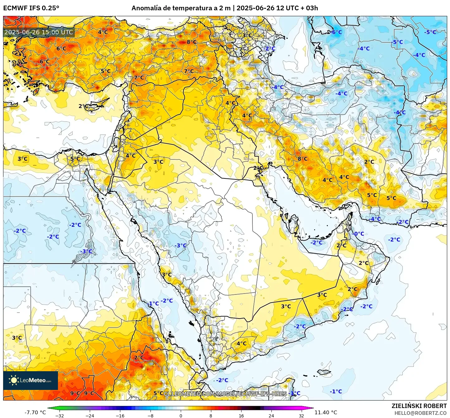 ECMWF IFS 0.25° model - Oriente Medio, Anomalía de temperatura a 2 m ECMWF IFS 0.25° model - Oriente Medio, Anomalía de temperatura a 2 m