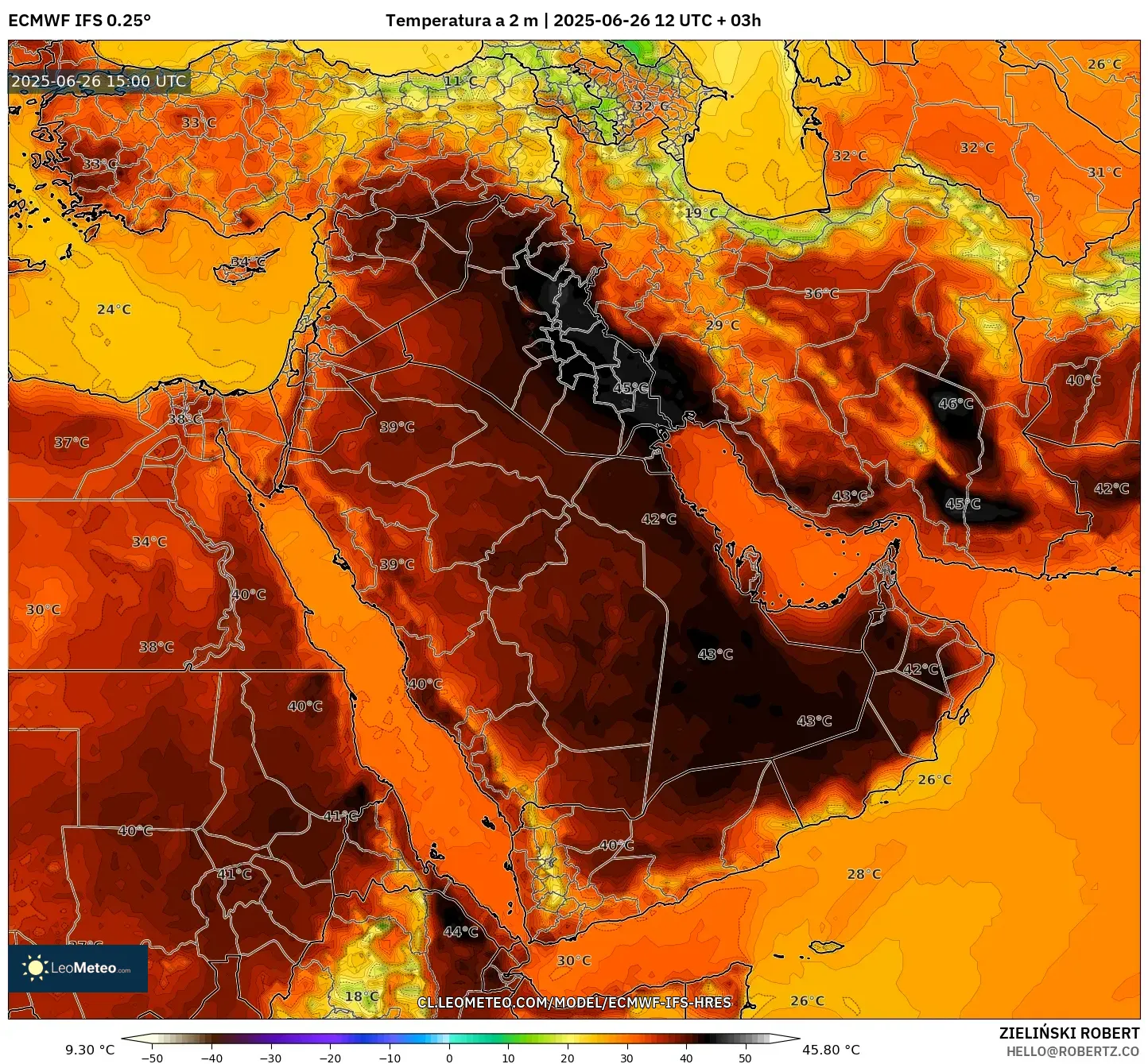 ECMWF IFS 0.25° model - Oriente Medio, Temperatura a 2 m ECMWF IFS 0.25° model - Oriente Medio, Temperatura a 2 m