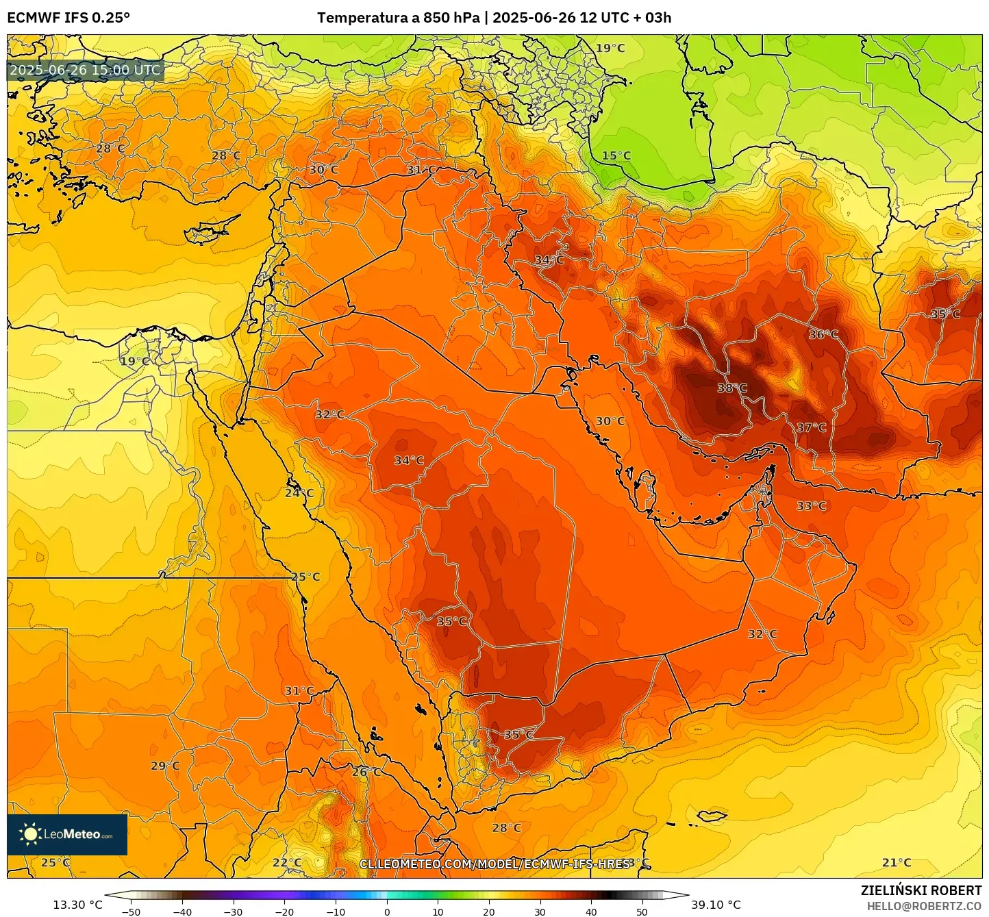 ECMWF IFS 0.25° model - Oriente Medio, Temperatura a 850 hPa ECMWF IFS 0.25° model - Oriente Medio, Temperatura a 850 hPa