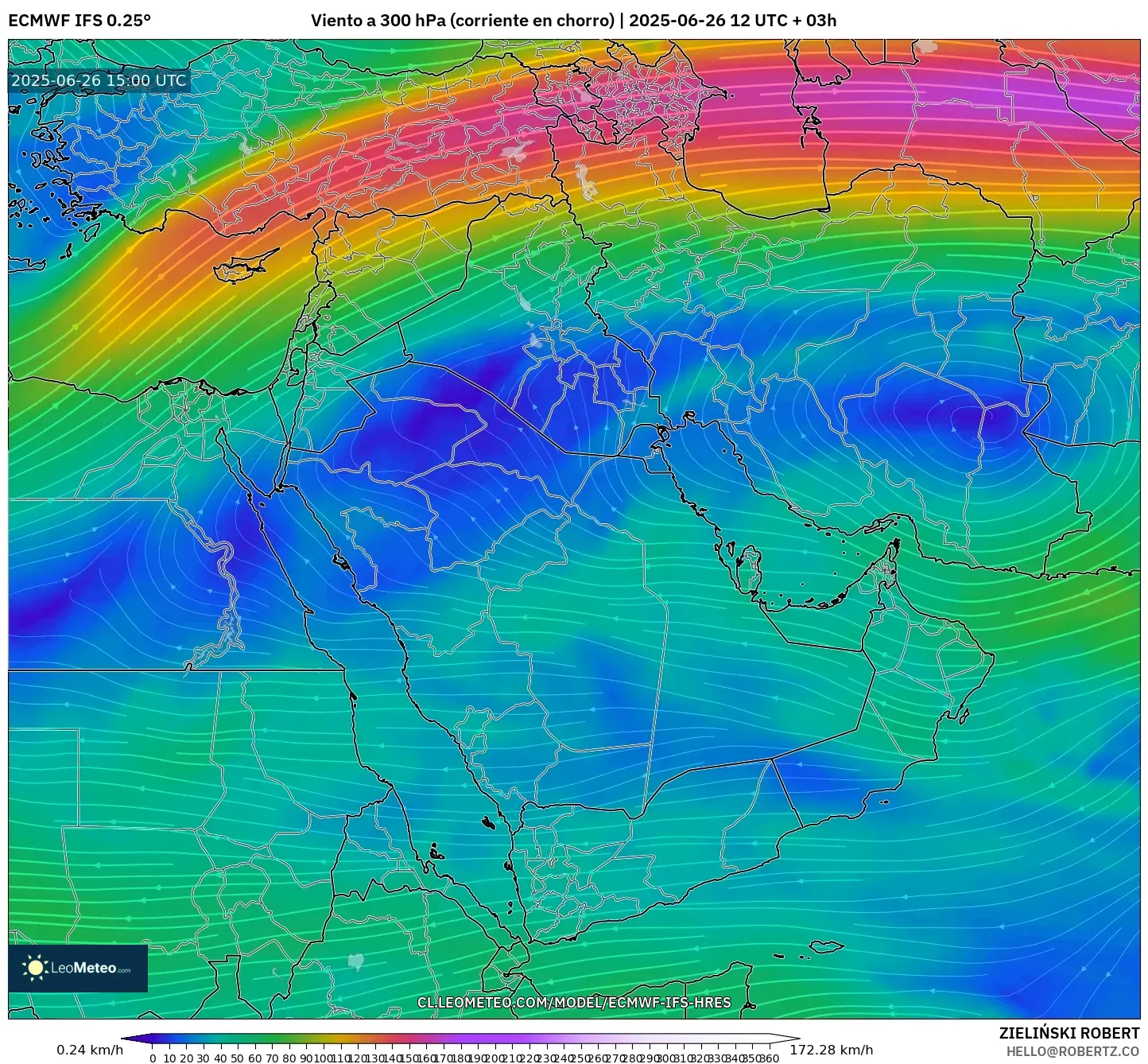 ECMWF IFS 0.25° model - Oriente Medio, Viento a 300 hPa (corriente en chorro) ECMWF IFS 0.25° model - Oriente Medio, Viento a 300 hPa (corriente en chorro)