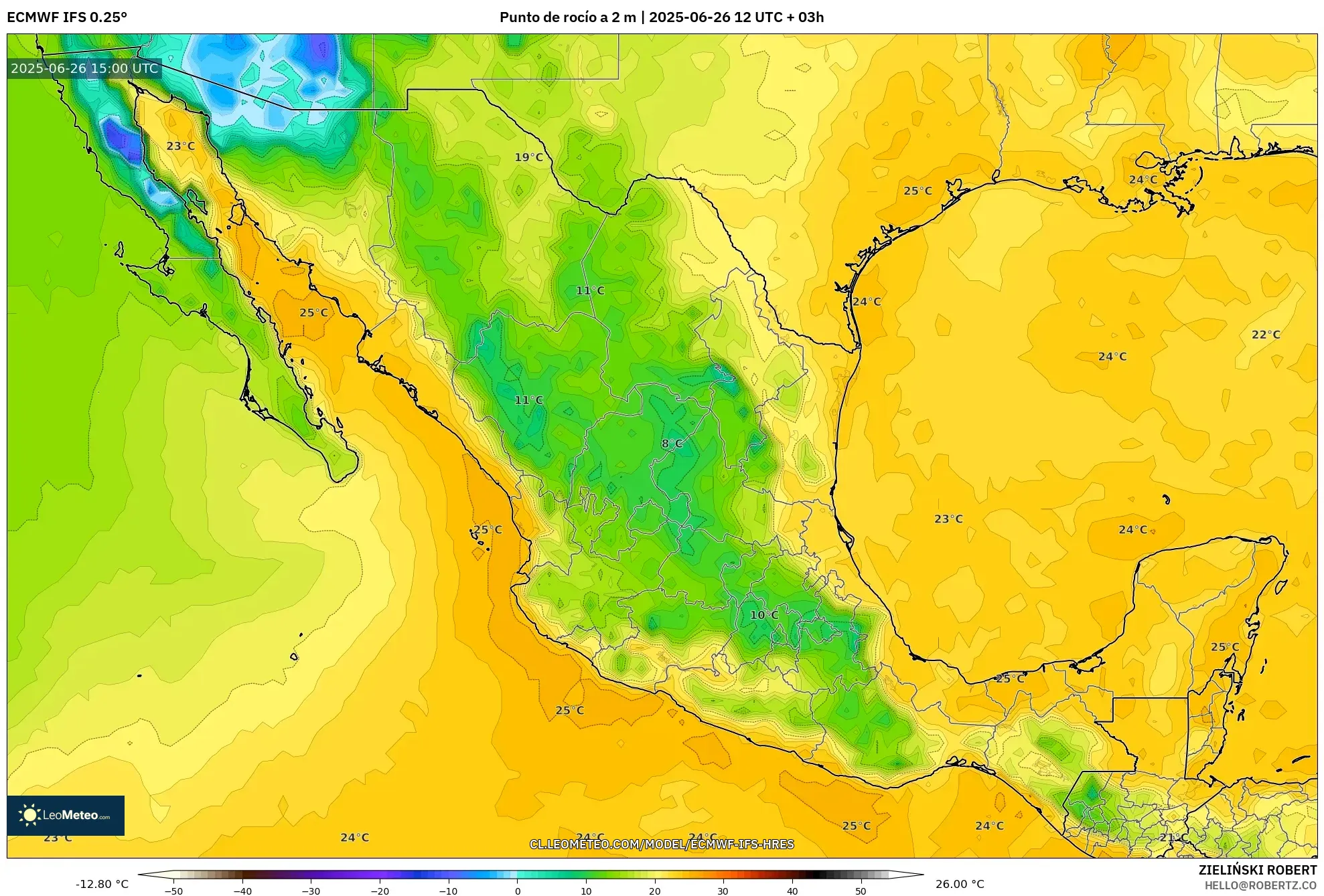 ECMWF IFS 0.25° model - México, Punto de rocío a 2 m ECMWF IFS 0.25° model - México, Punto de rocío a 2 m