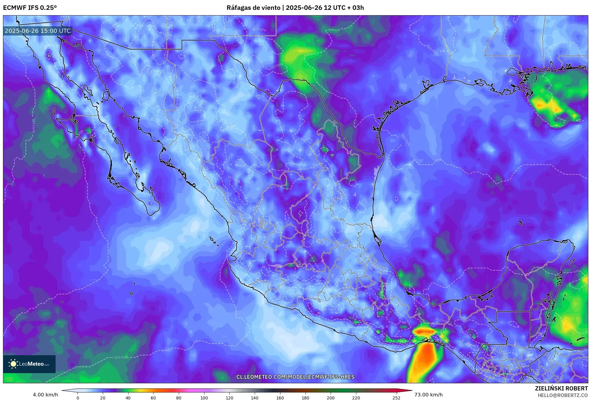 ECMWF IFS 0.25° model - México, Ráfagas de viento ECMWF IFS 0.25° model - México, Ráfagas de viento