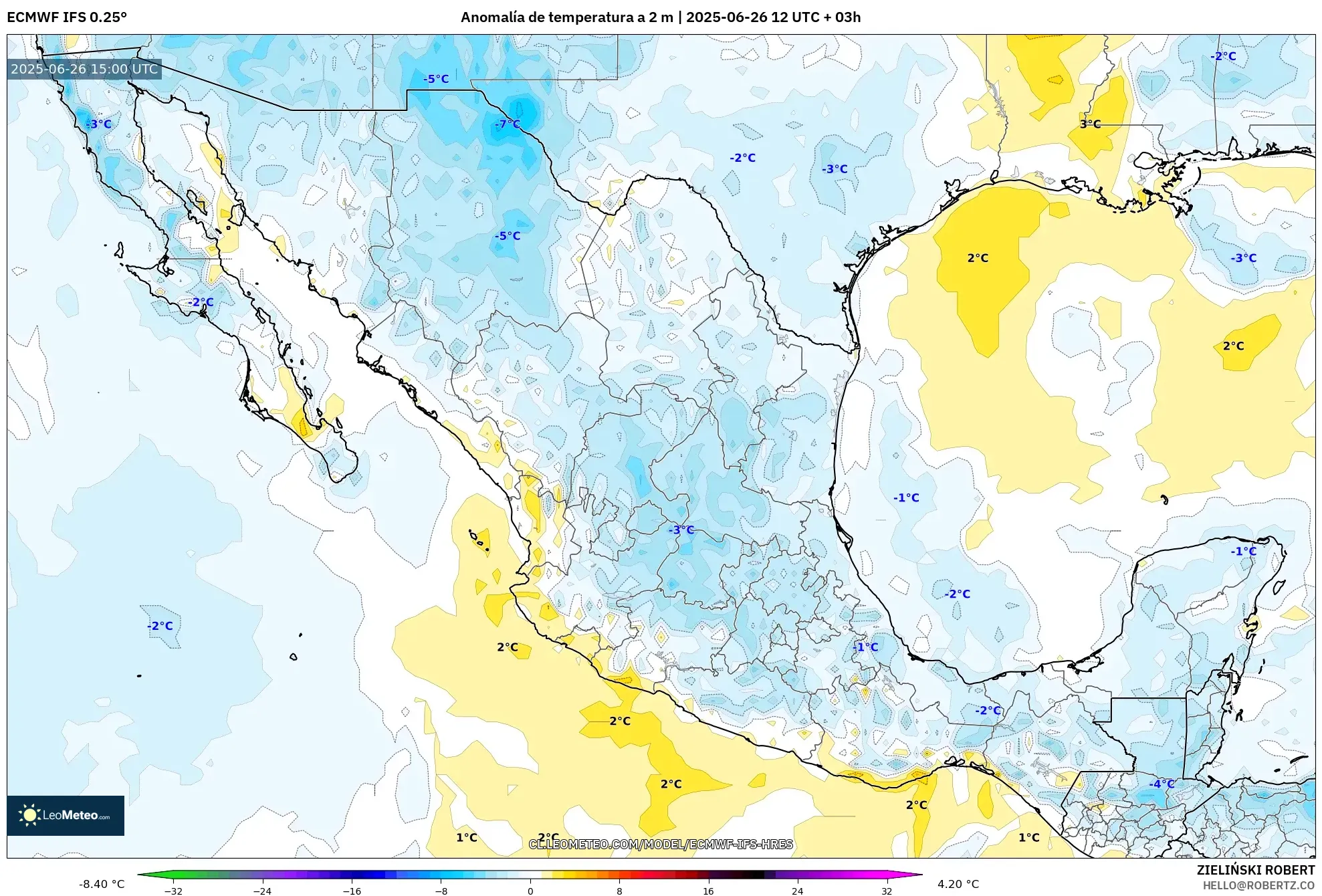 ECMWF IFS 0.25° model - México, Anomalía de temperatura a 2 m ECMWF IFS 0.25° model - México, Anomalía de temperatura a 2 m