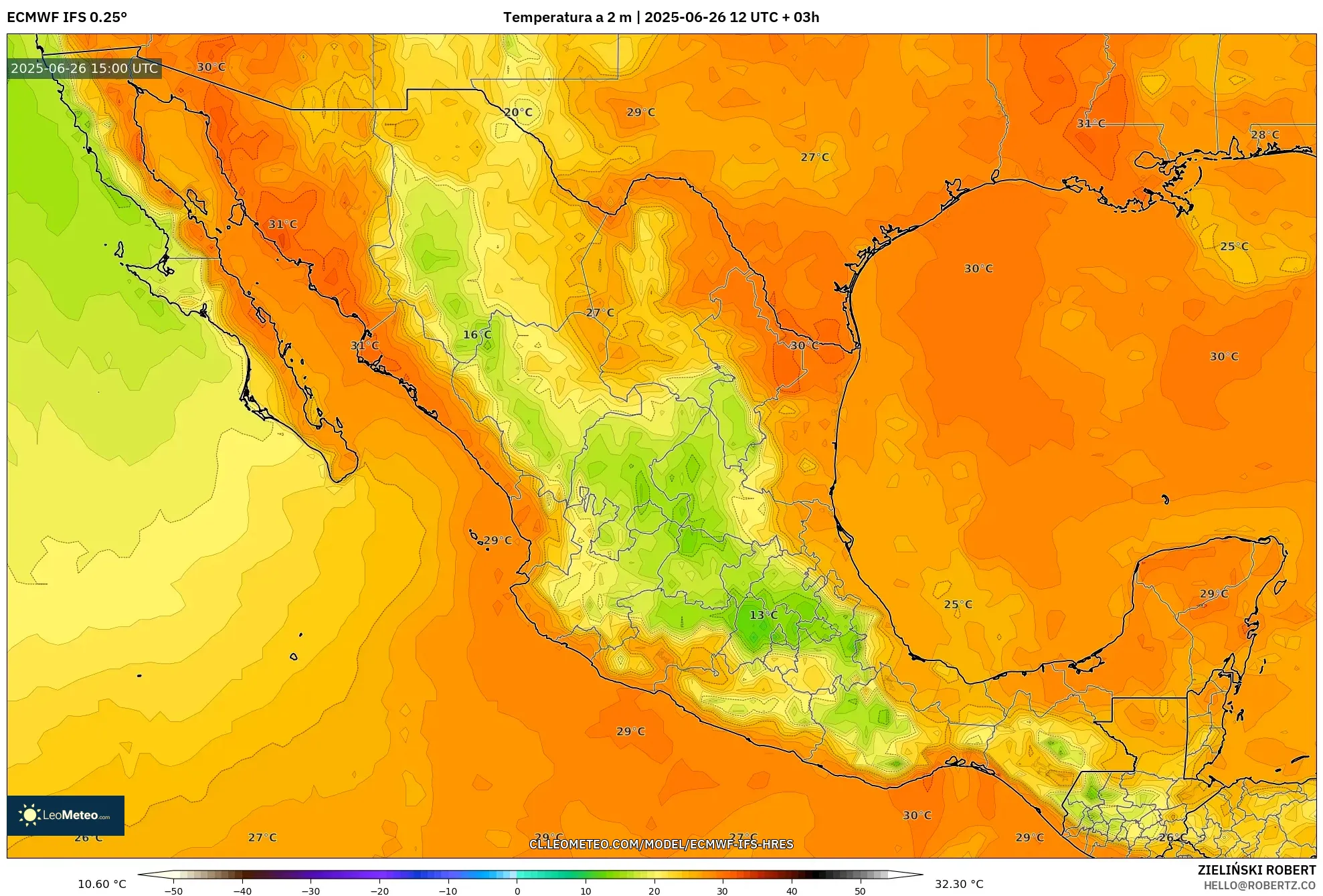 ECMWF IFS 0.25° model - México, Temperatura a 2 m ECMWF IFS 0.25° model - México, Temperatura a 2 m