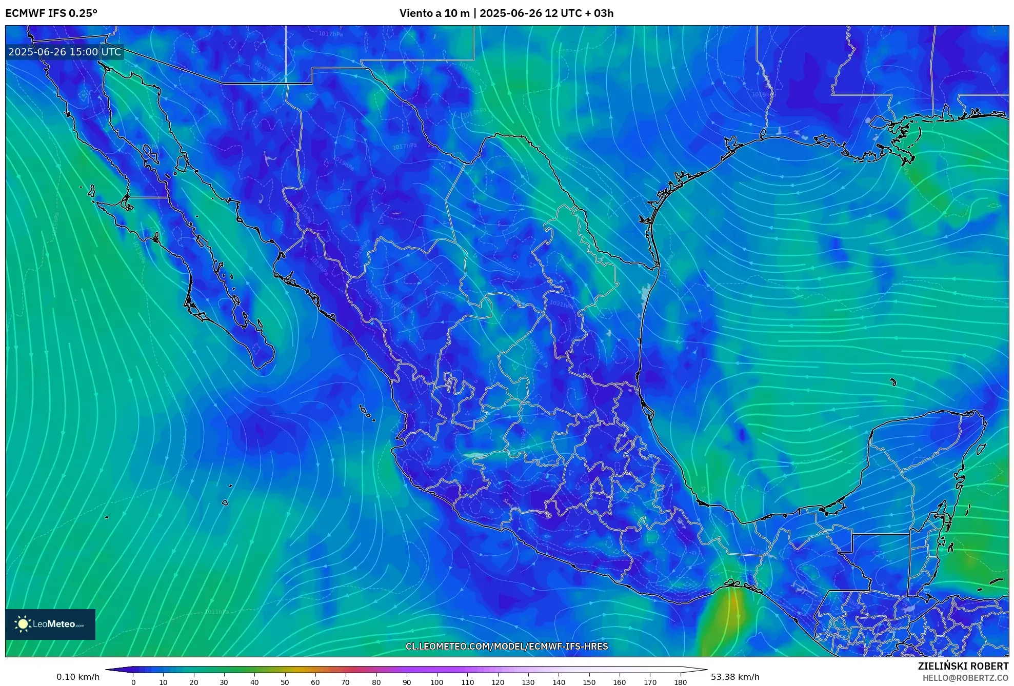 ECMWF IFS 0.25° model - México, Viento a 10 m ECMWF IFS 0.25° model - México, Viento a 10 m
