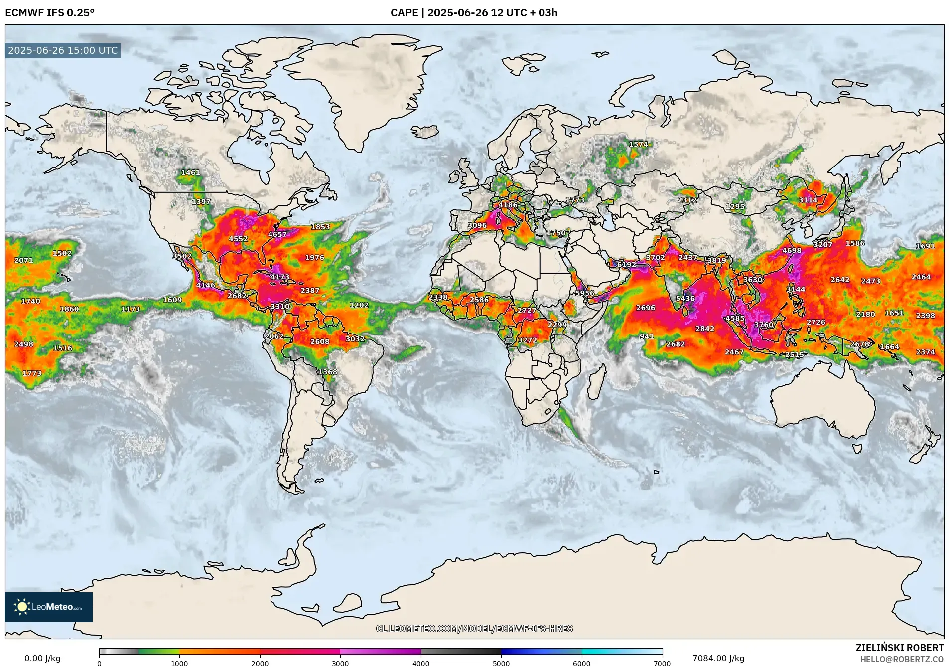 ECMWF IFS 0.25° model - Mundo, CAPE ECMWF IFS 0.25° model - Mundo, CAPE