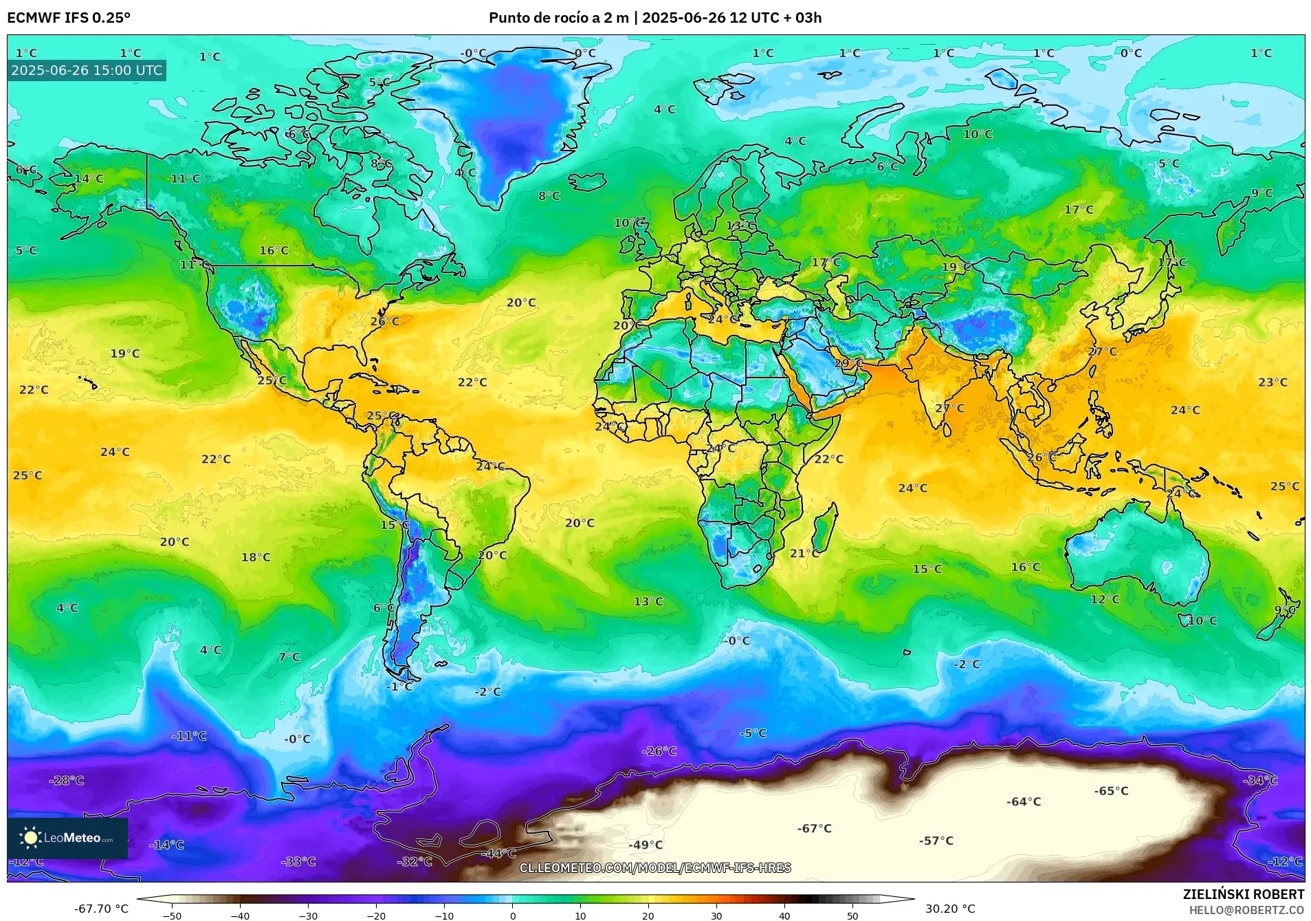 ECMWF IFS 0.25° model - Mundo, Punto de rocío a 2 m