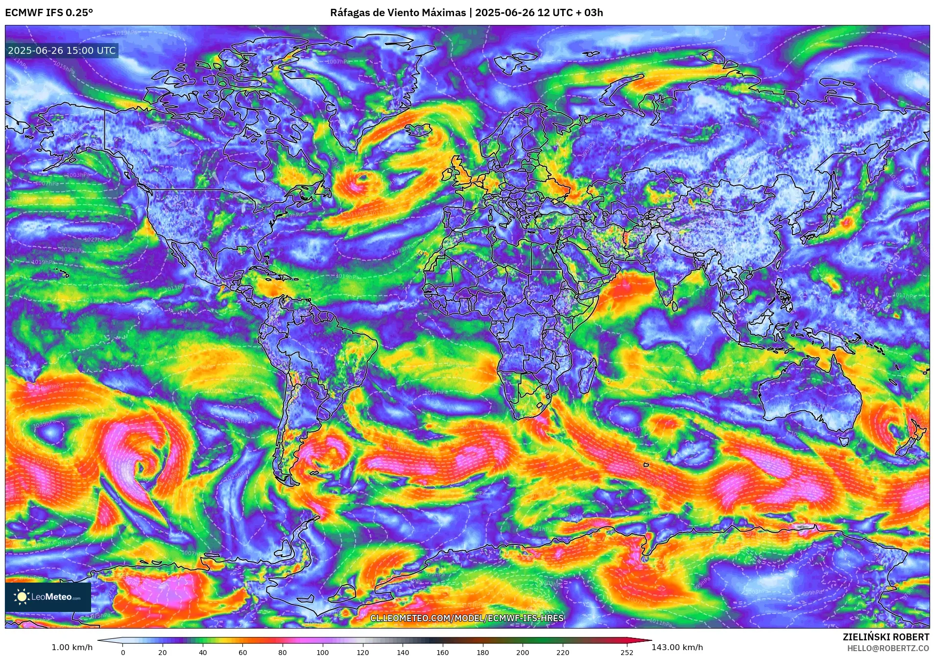 ECMWF IFS 0.25° model - Mundo, Ráfagas de Viento Máximas ECMWF IFS 0.25° model - Mundo, Ráfagas de Viento Máximas