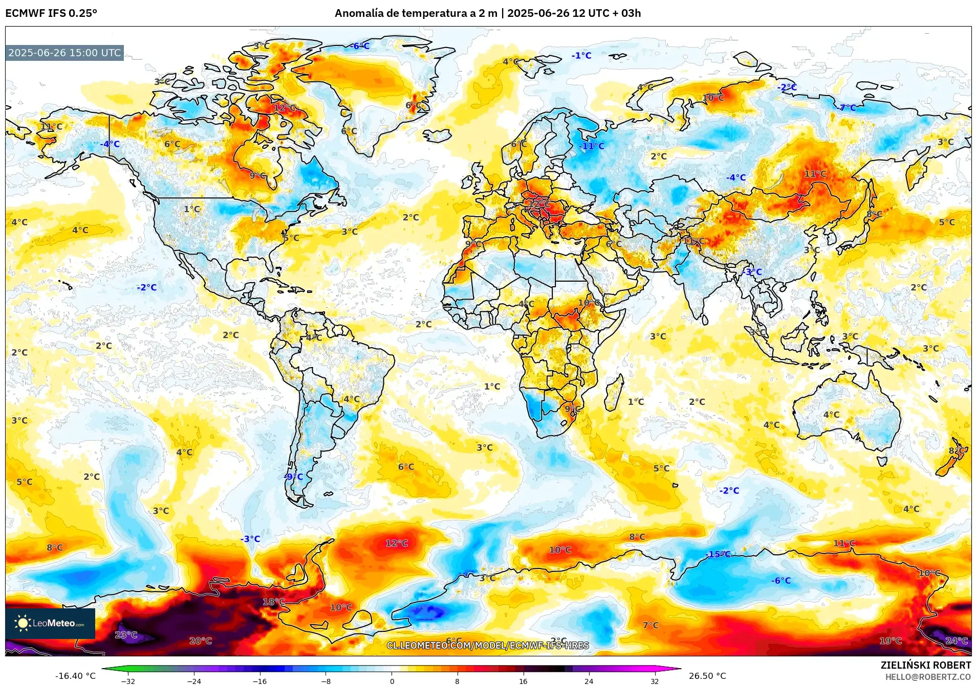 ECMWF IFS 0.25° model - Mundo, Anomalía de temperatura a 2 m ECMWF IFS 0.25° model - Mundo, Anomalía de temperatura a 2 m