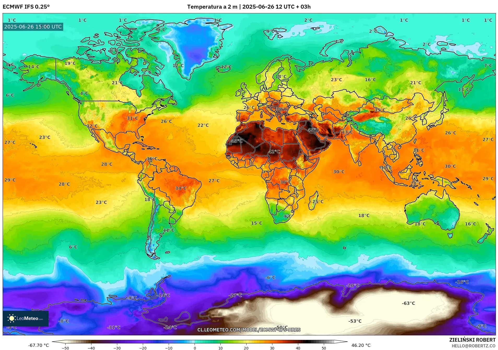 ECMWF IFS 0.25° model - Mundo, Temperatura a 2 m ECMWF IFS 0.25° model - Mundo, Temperatura a 2 m