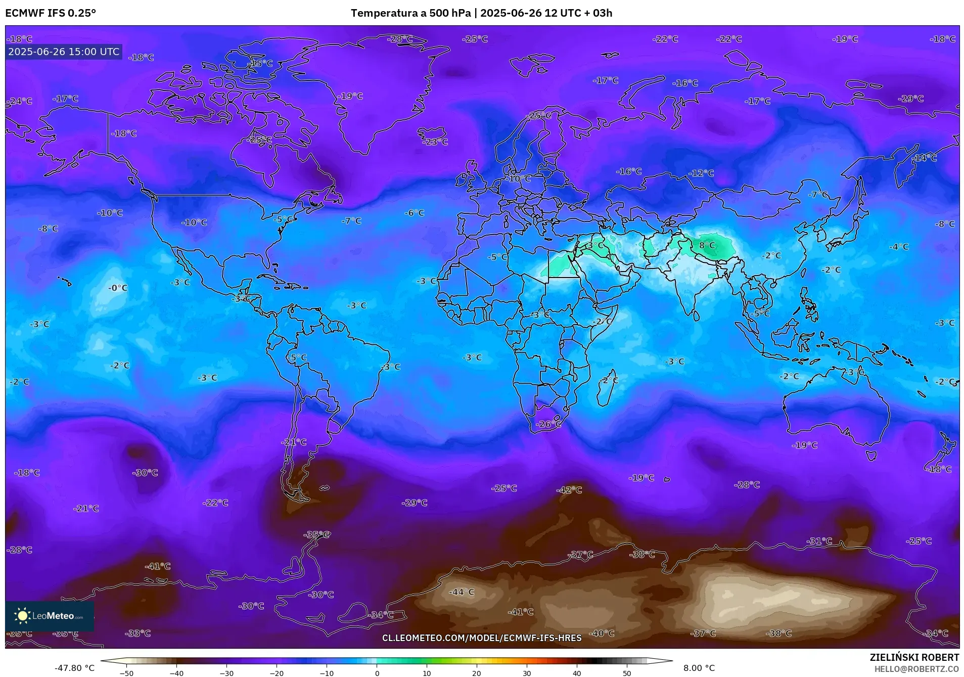 ECMWF IFS 0.25° model - Mundo, Temperatura a 500 hPa ECMWF IFS 0.25° model - Mundo, Temperatura a 500 hPa