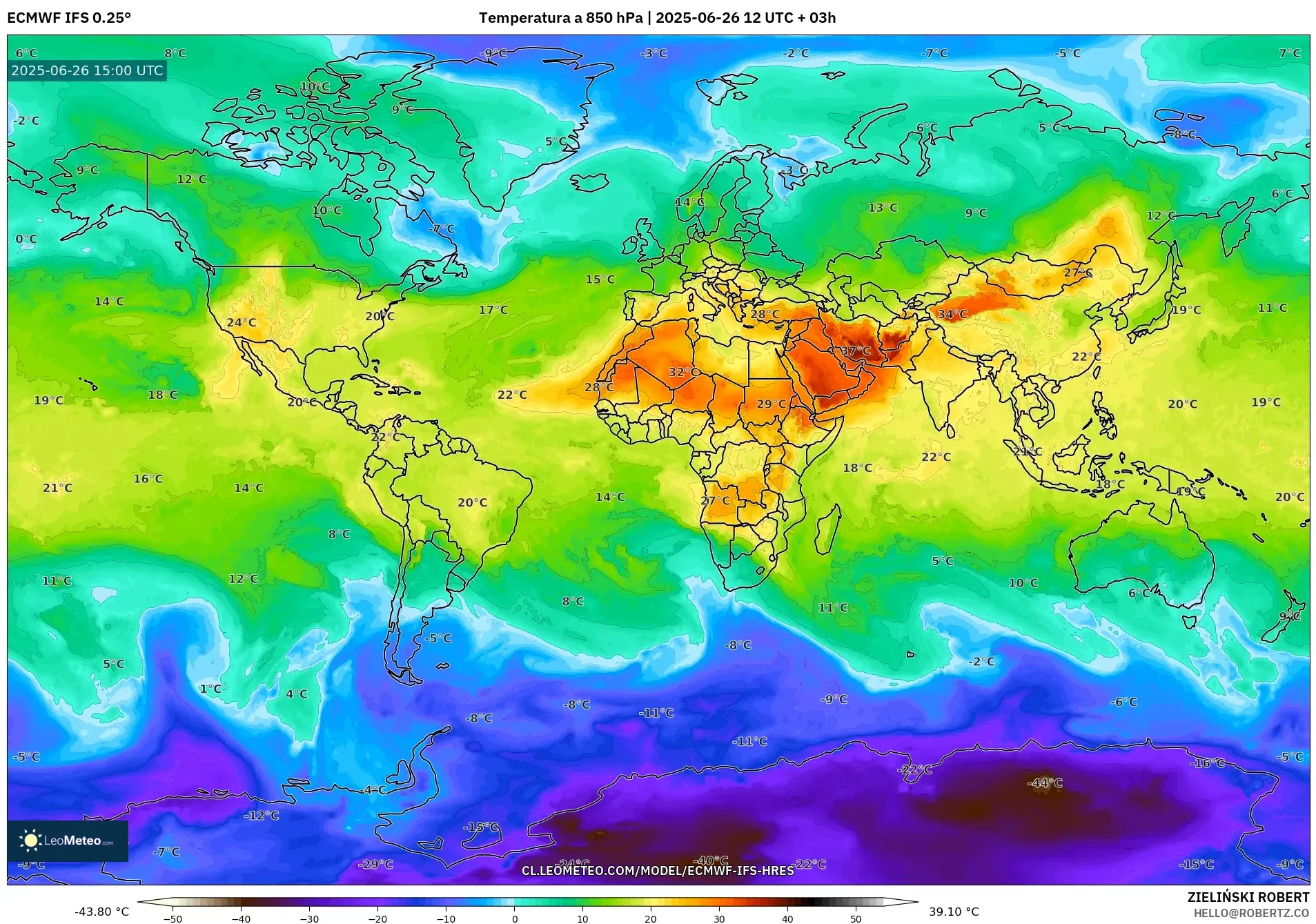 ECMWF IFS 0.25° model - Mundo, Temperatura a 850 hPa ECMWF IFS 0.25° model - Mundo, Temperatura a 850 hPa